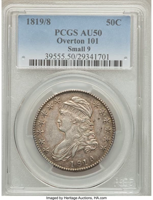 image for: 1819/8 50C Small 9,O-101 AU50 PCGS. PCGS Population (0/0). NGC Census: (0/0). Mintage: 2,208,000. ...