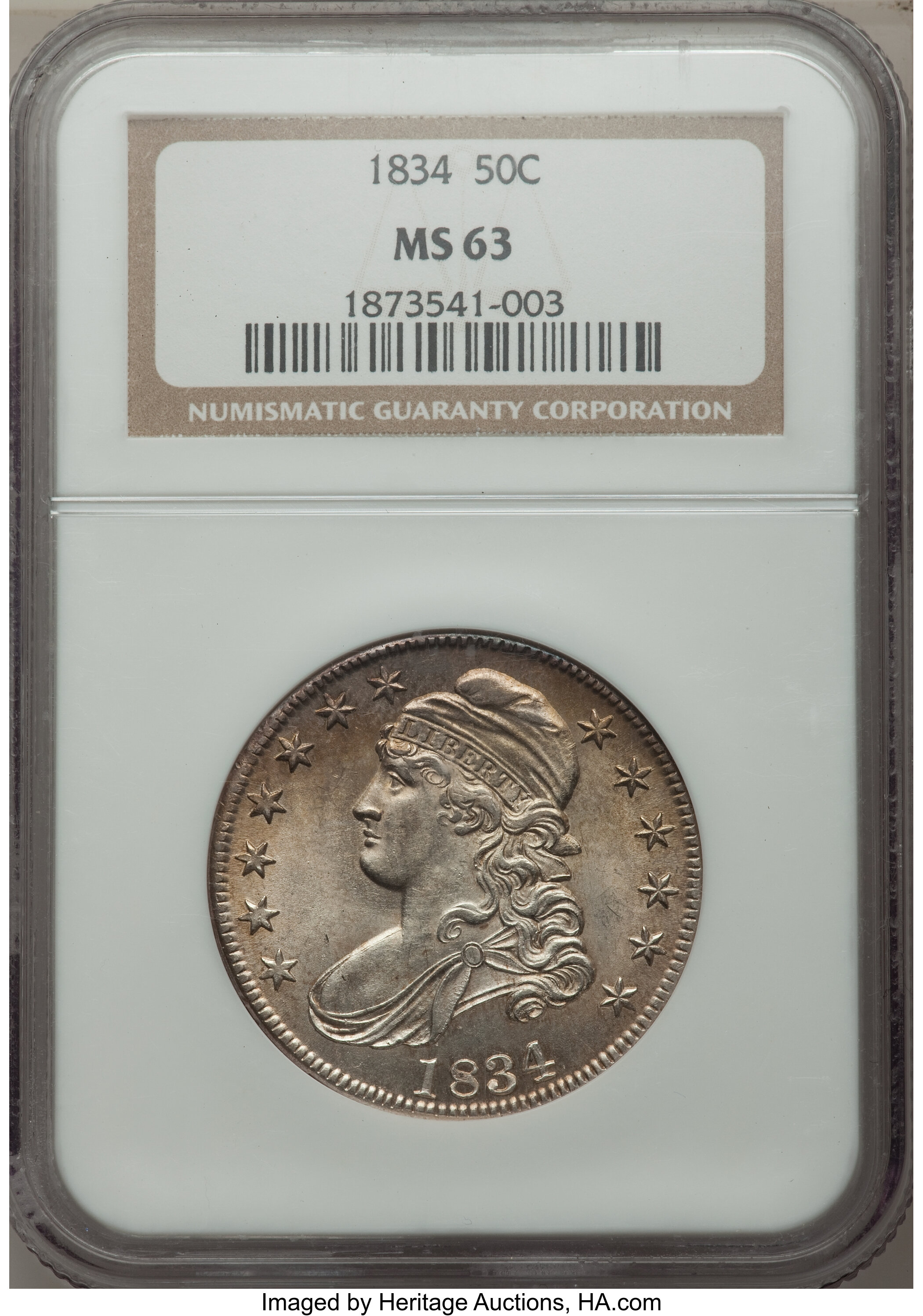 image for: 1834 50C Large Date, Small Letters, O-105, R.1, MS63 NGC....