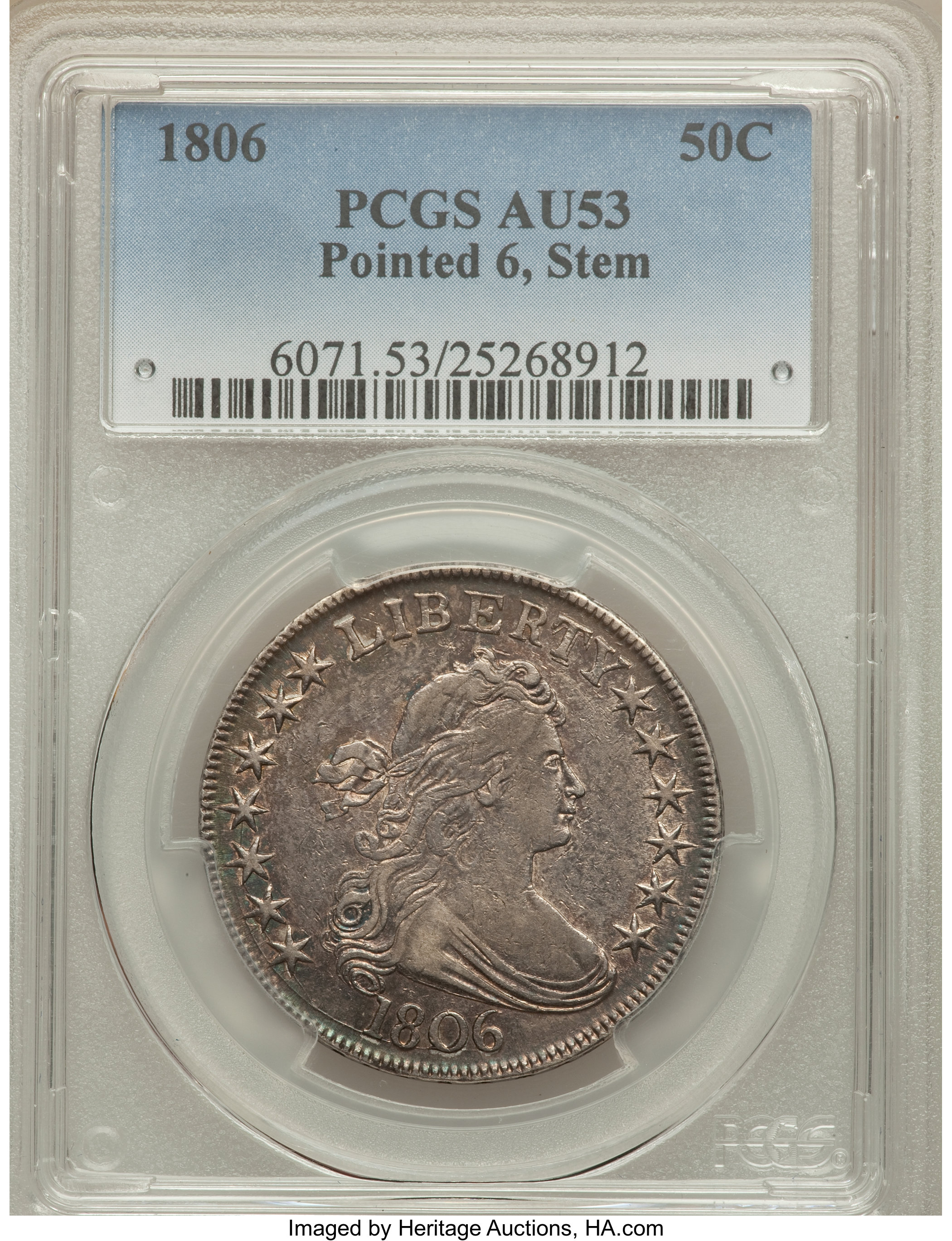 image for: 1806 50C Pointed 6, Stem O-115, R.1 AU53 PCGS....