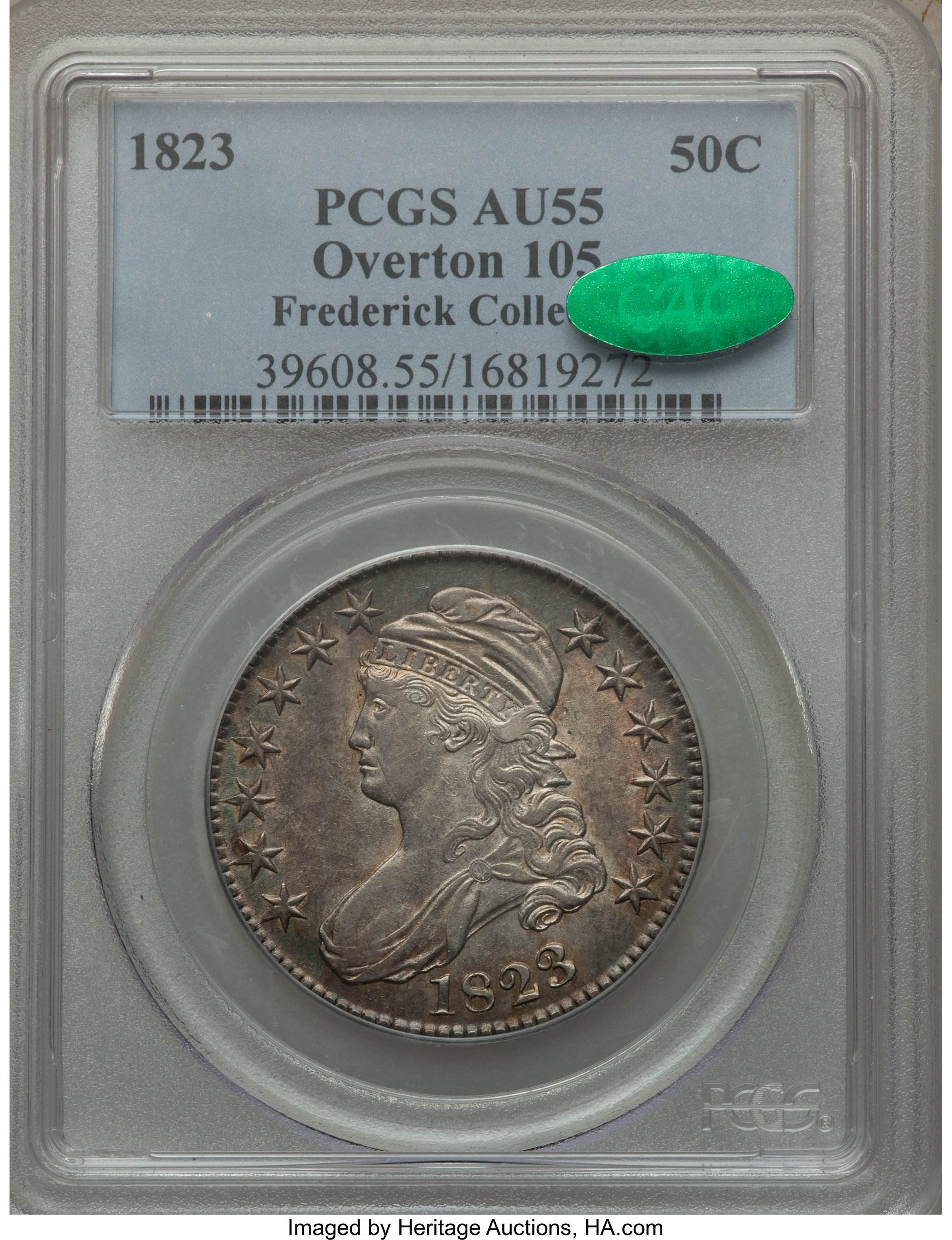image for: 1823 50C O-105, R.1, AU55 PCGS. CAC. Ex: Frederick Collection. PCGS Population (3/3). NGC Census: (6/11)....