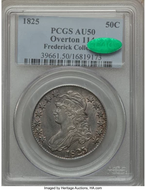 image for: 1825 50C O-114, R.1, AU50 PCGS. CAC. Ex: Frederick Collection. PCGS Population (1/6). NGC Census: (2/21). Mintage: 2,900,00...