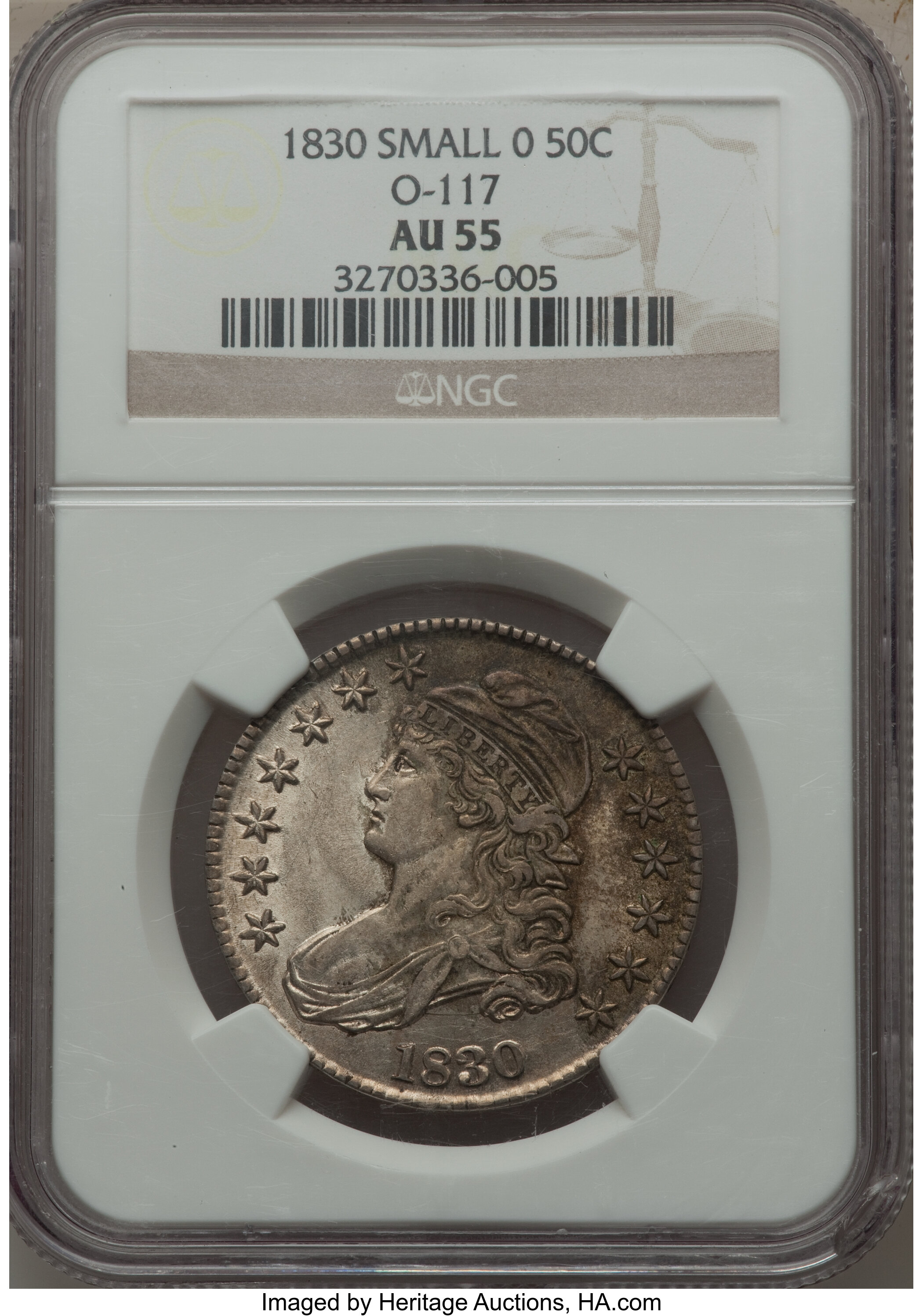 image for: 1830 50C Small 0, O-117, R.2, AU55 NGC. NGC Census: (7/8). PCGS Population (1/2). Mintage: 4,764,800. ...