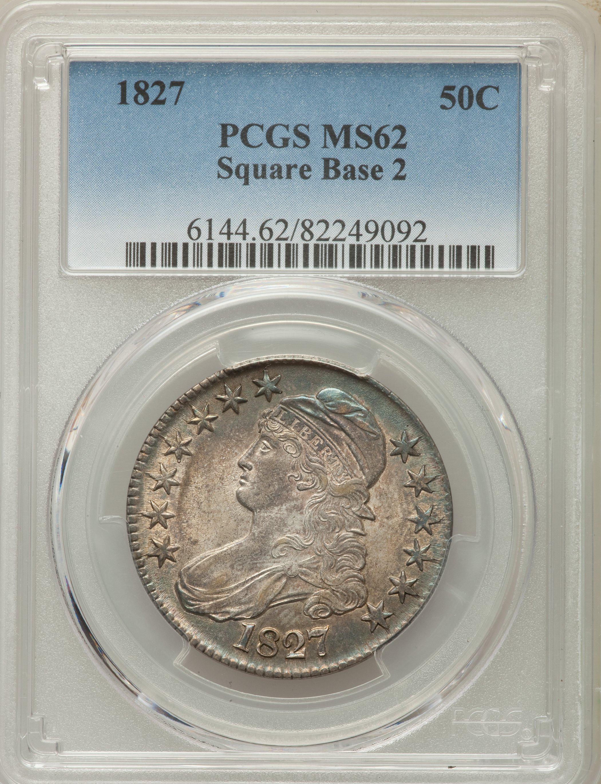 image for: 1827 50C Square Base 2, O-114, R.3, MS62 PCGS....