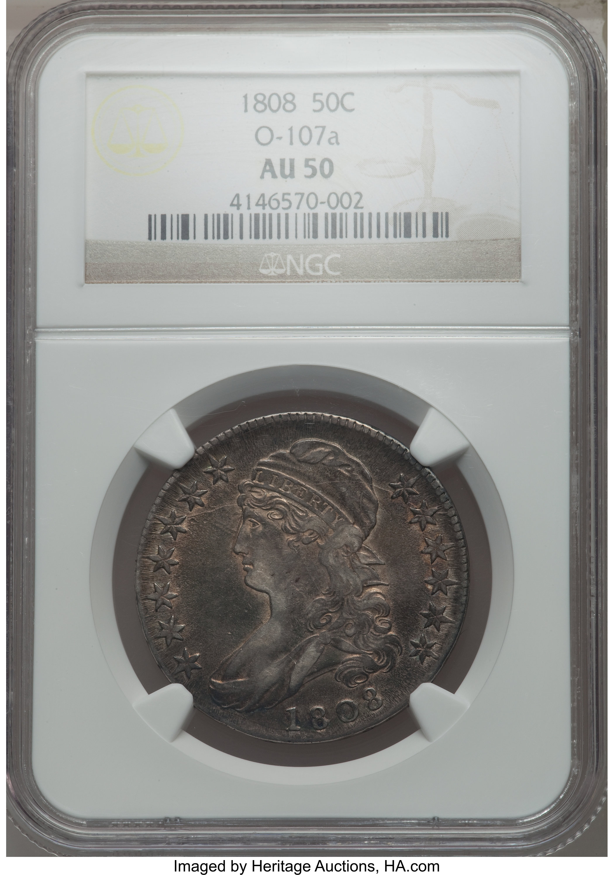image for: 1808 50C O-107a, R.2, AU50 NGC. NGC Census: (2/4). PCGS Population: (1/3). CDN: $300 Whsle. Bid for problem-free NGC/PCGS A...
