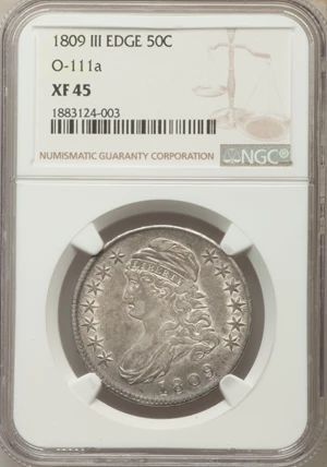 image for: 1809 50C III Edge, O-111a, R.2, XF45 NGC. NGC Census: (1/4). PCGS Population: (0/1). Mintage 1,405,810. ...