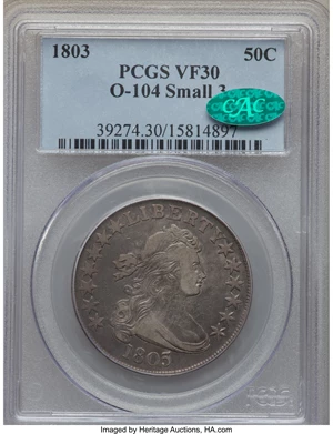 image for: 1803 50C Small 3, Large Reverse Stars, O-104, T-4, R.3, VF30 PCGS. CAC....