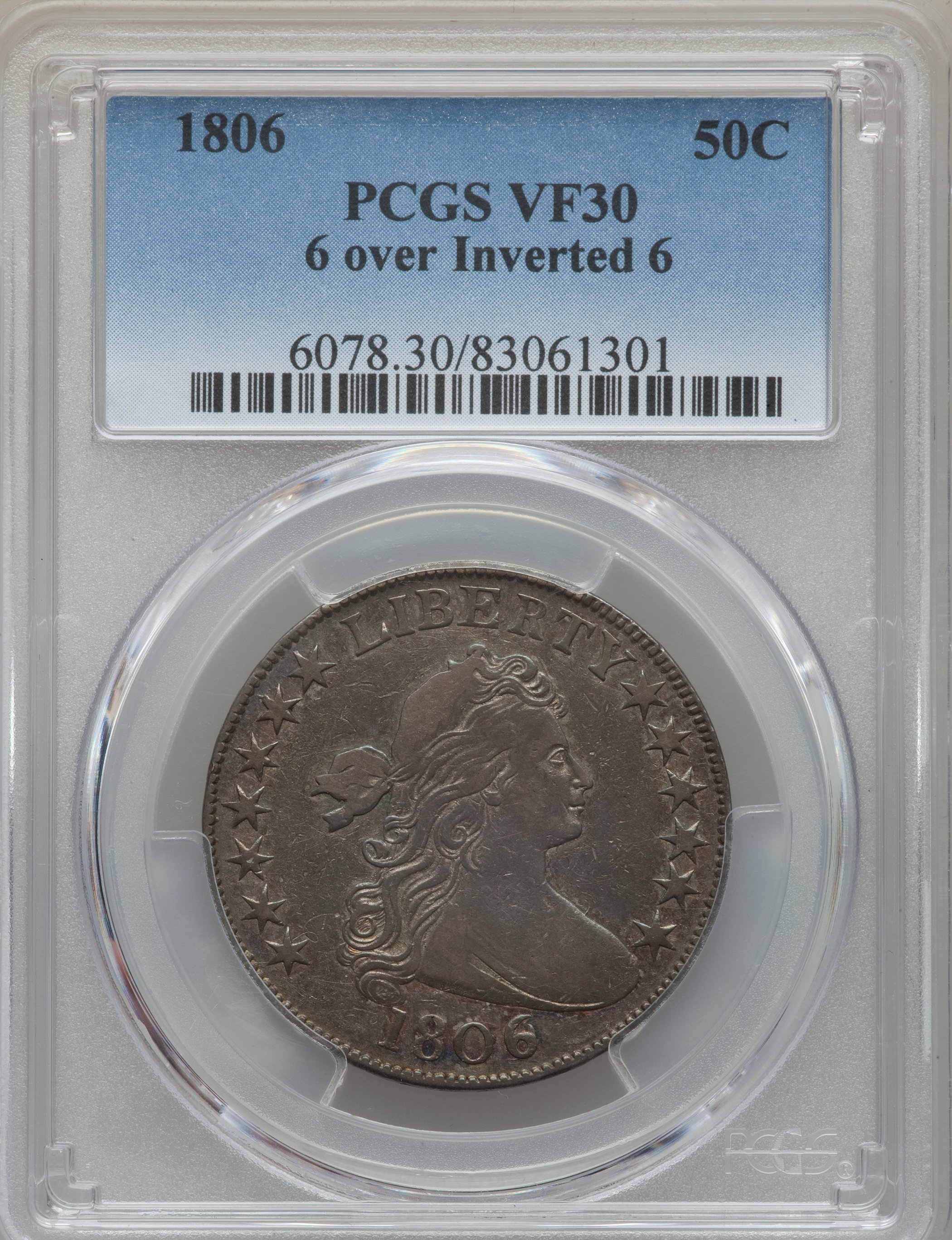 image for: 1806 50C 6 Over Inverted 6, O-111, T-11, R.3, VF30 PCGS....
