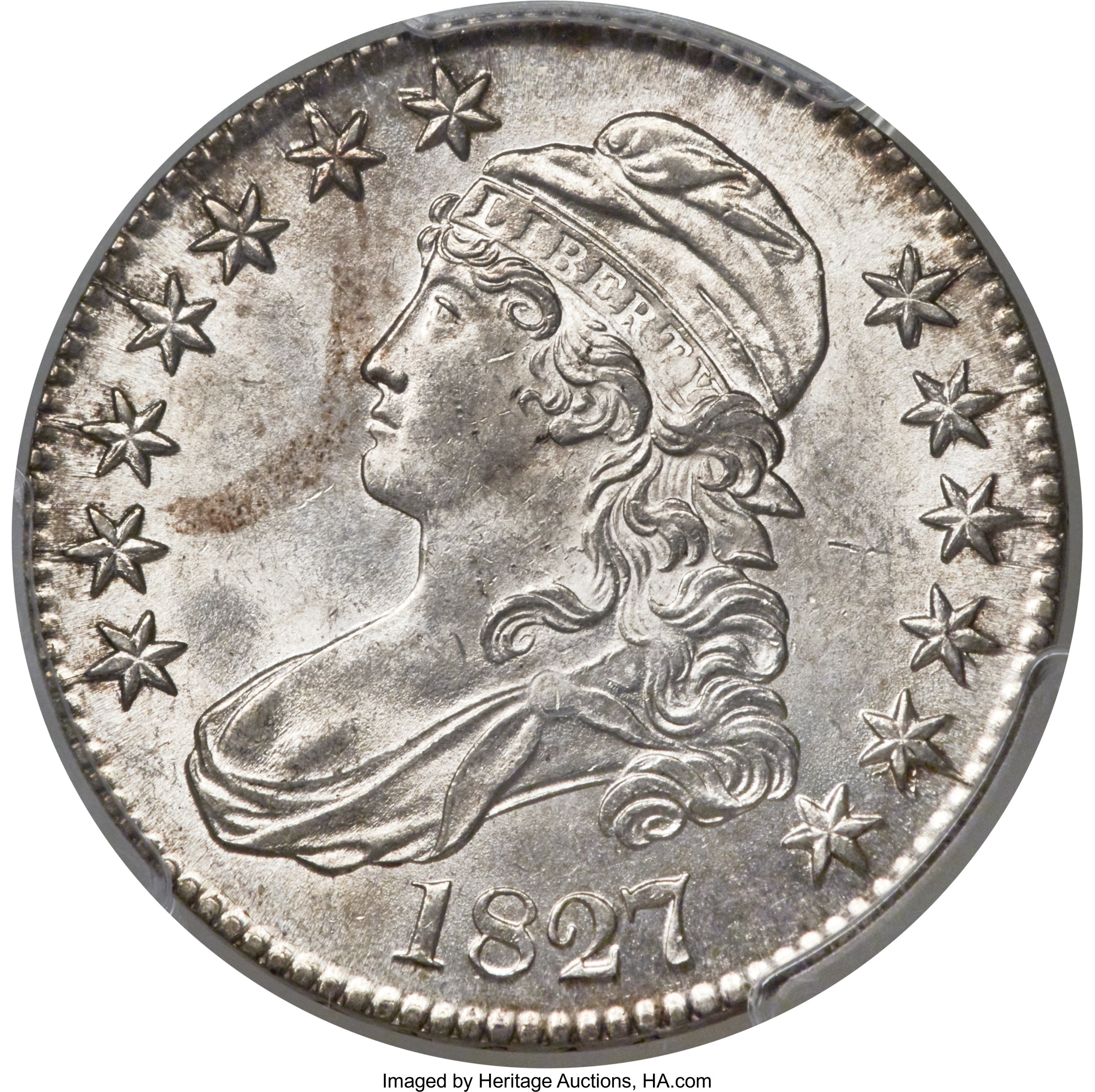 image for: 1827 50C Square Base 2, O-132, R.3, MS63 PCGS Secure....