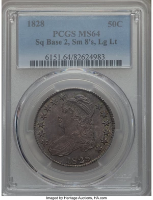 image for: 1828 50C Square Base 2, Small 8s, Large Letters, O-116, R.2, MS64 PCGS....