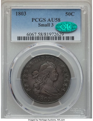 image for: 1803 50C Small 3, Large Reverse Stars, O-104, T-4, R.3, AU58 PCGS. CAC....