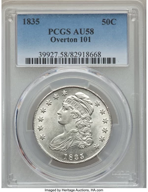 image for: 1835 50C O-101, R.1, AU58 PCGS. PCGS Population: (6/3). NGC Census: (5/7). CDN: $825 Whsle. Bid for problem-free NGC/PCGS A...
