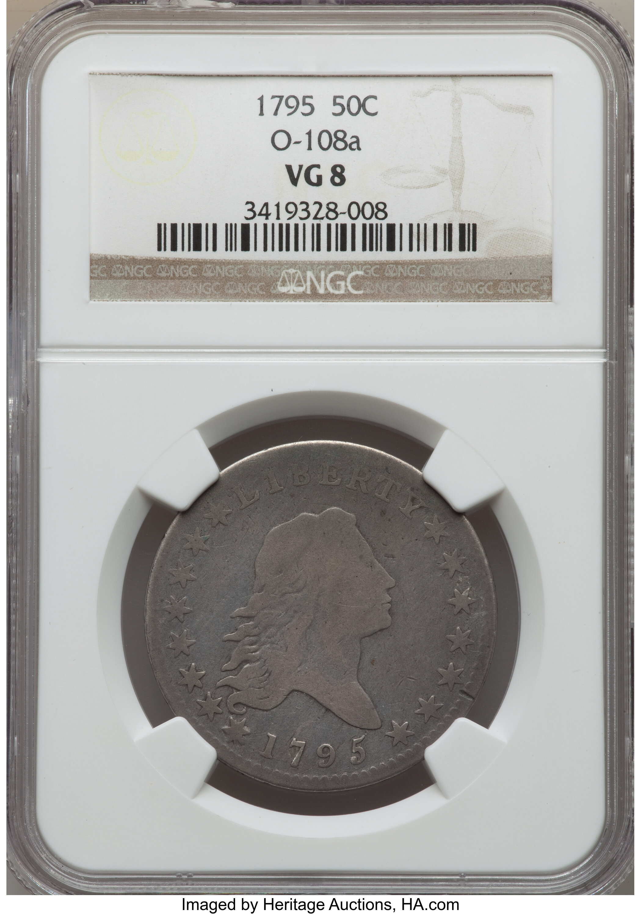 image for: 1795 50C 2 Leaves, O-108a, T-17, R.4, VG8 NGC....