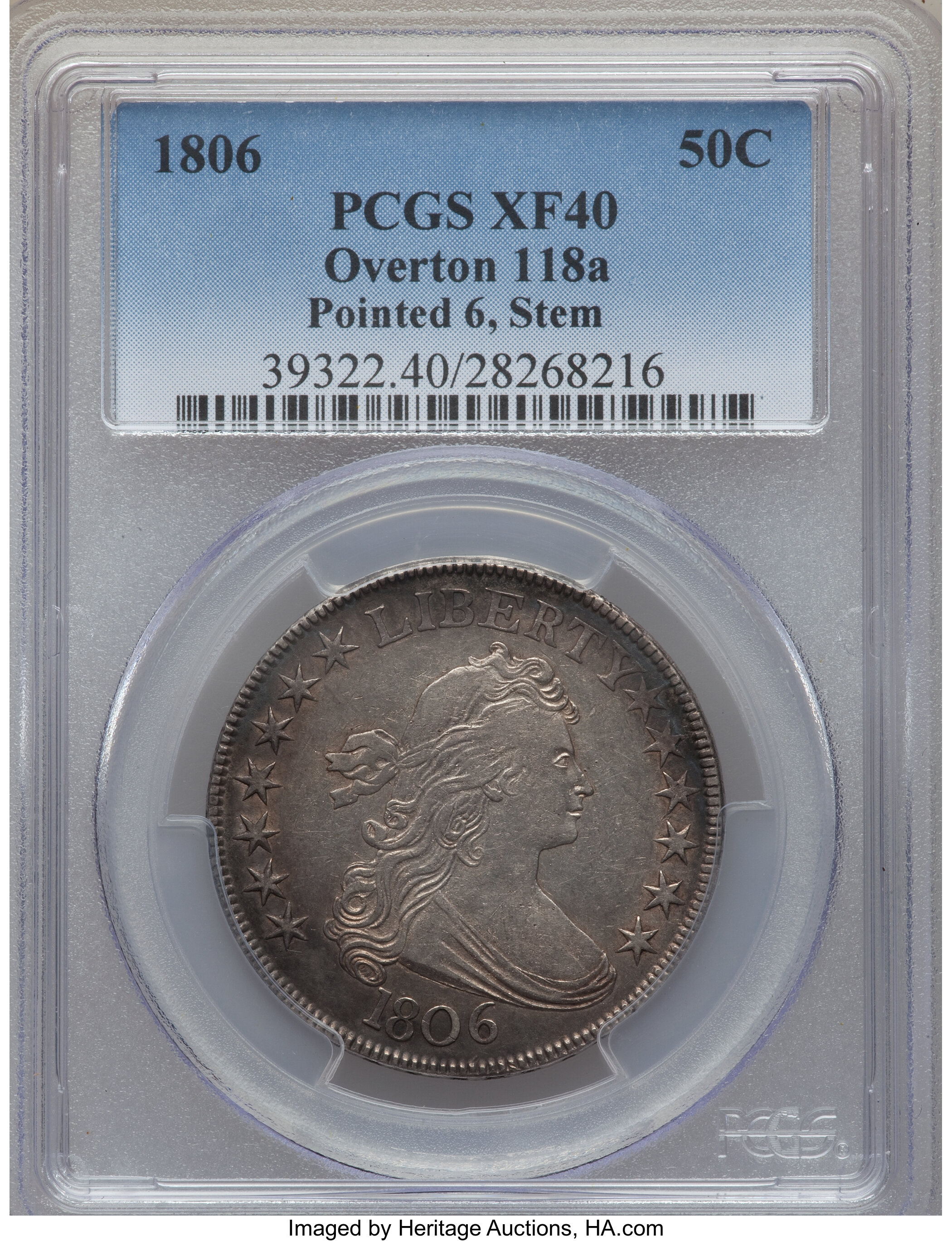 image for: 1806 50C Pointed 6, Stem, O-118a, T-24, R.3, XF40 PCGS....