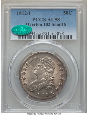 image for: 1812/1 50C Small 8, O-102, R.2, AU58 PCGS. CAC....
