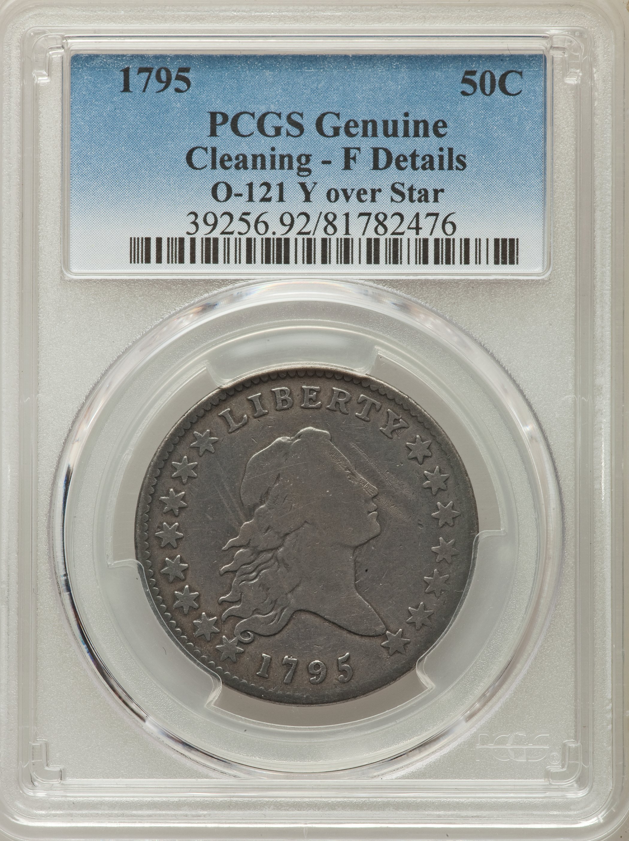 image for: 1795 50C 2 Leaves, Y Over Star, O-121, T-2, High R.4 -- Cleaning -- Fine Details.  PCGS....