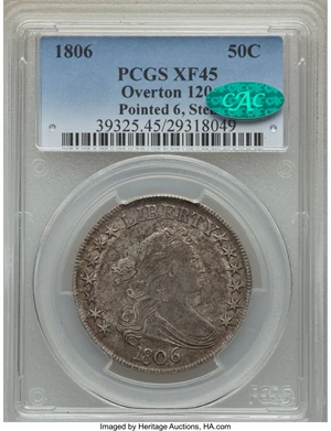 image for: 1806 50C Pointed 6, Stem, O-120, T-28, R.3, XF45 PCGS. CAC....