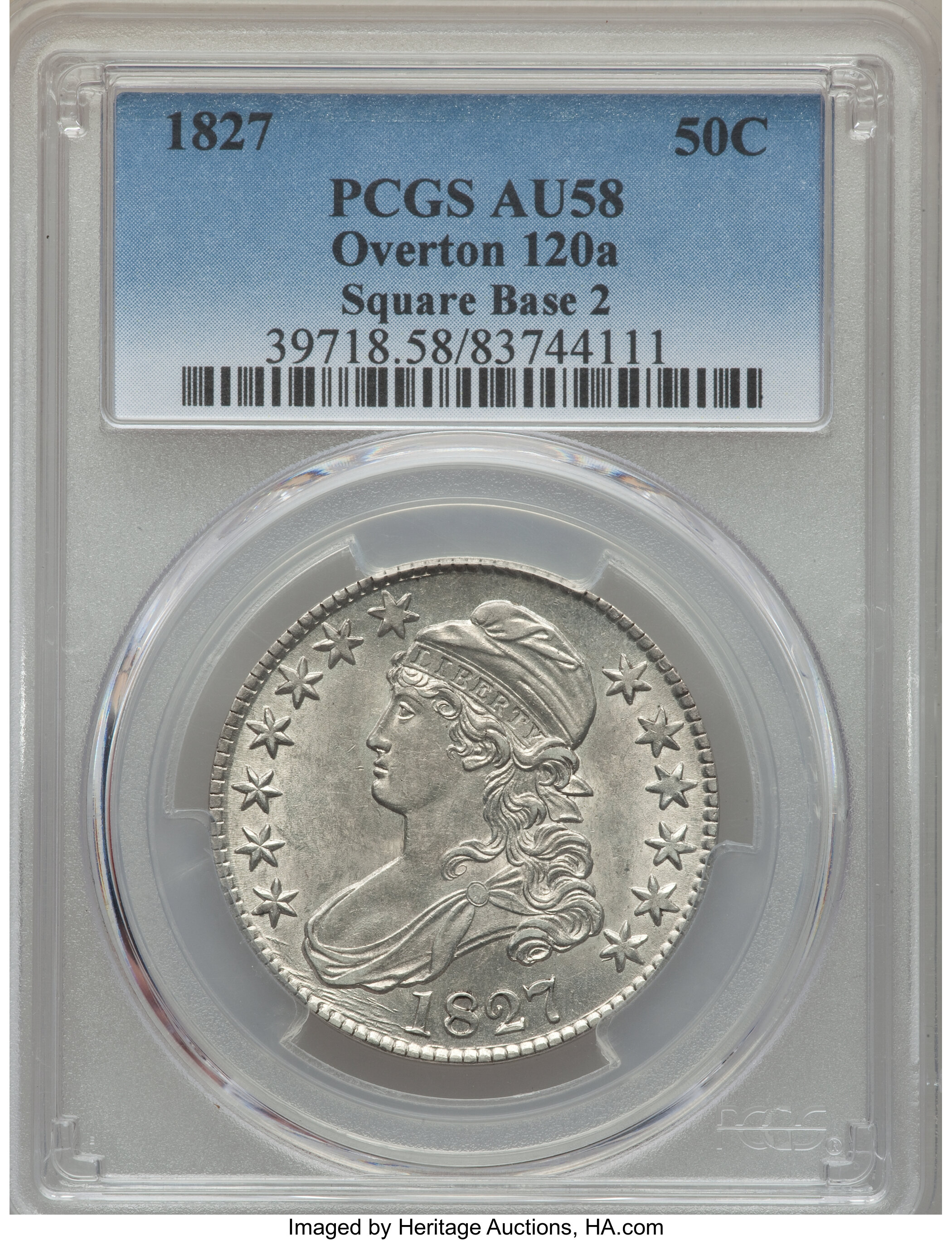 image for: 1827 50C Square Base 2, O-120a, R.3, AU58 PCGS....