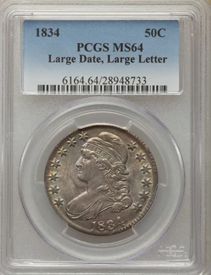 image for: 1834 50C Large Date, Large Letters, O-102, R.1, MS64 PCGS....