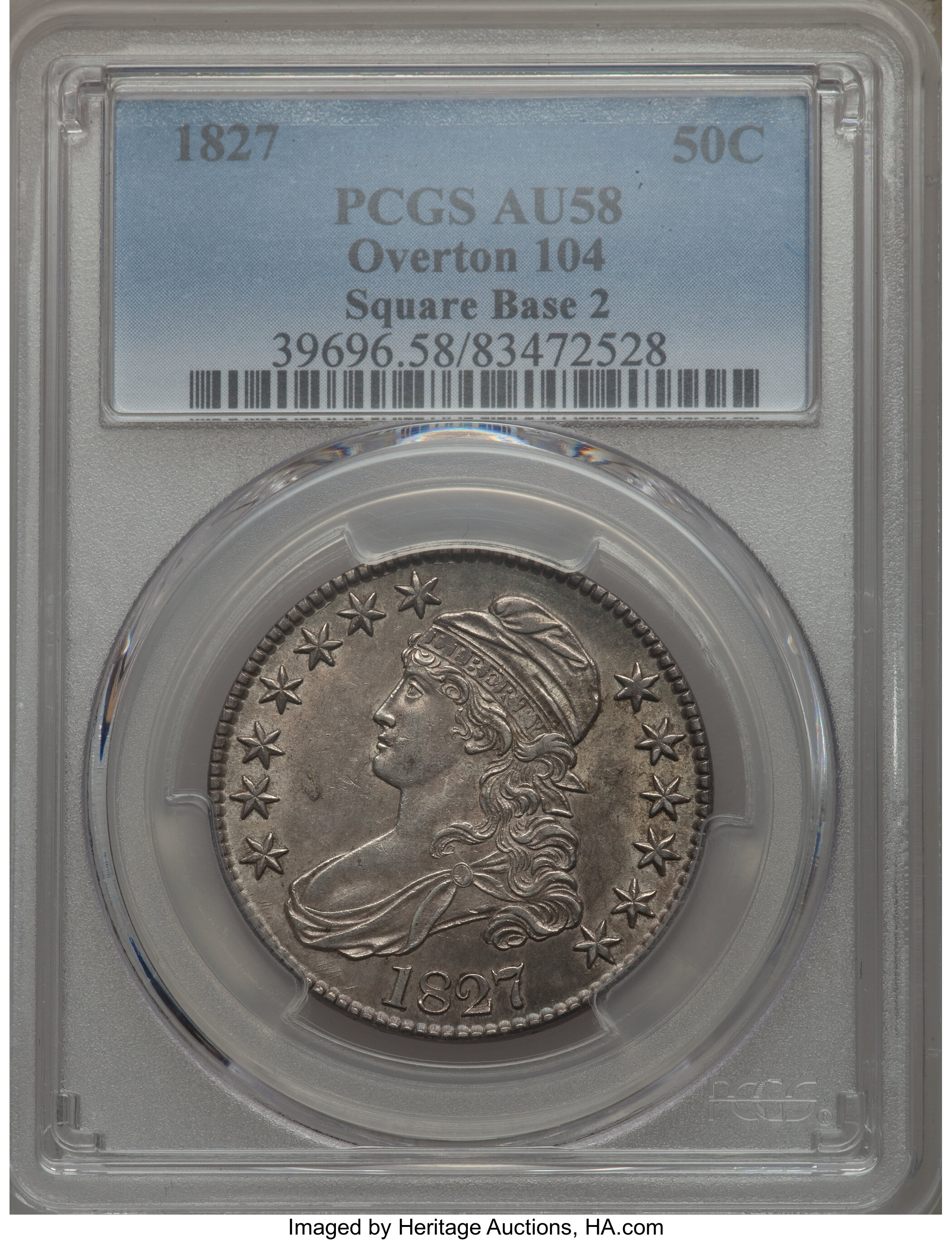 image for: 1827 50C Square Base 2, O-104, R.1, AU58 PCGS. PCGS Population: (3/8). NGC Census: (7/5). CDN: $825 Whsle. Bid for problem-...