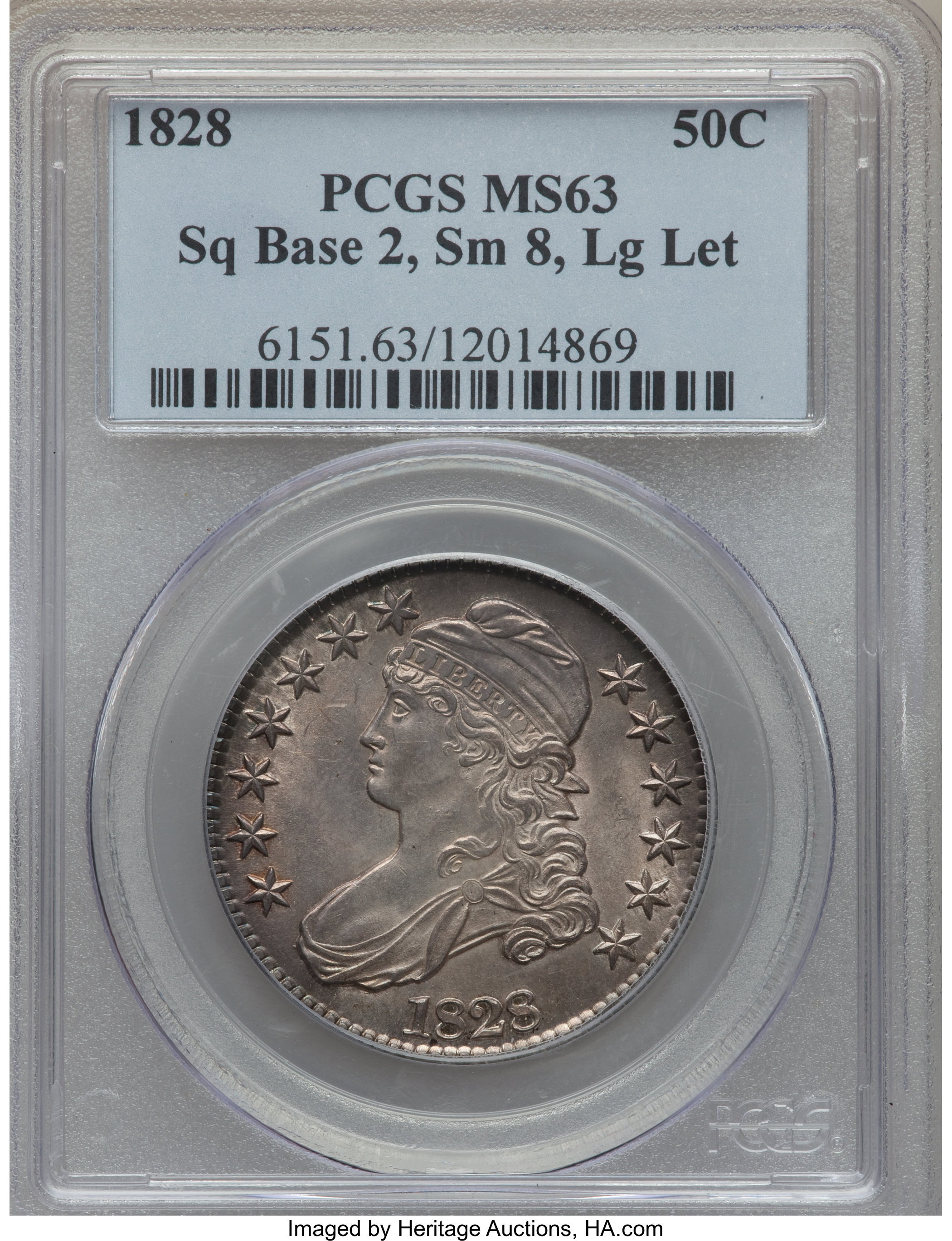 image for: 1828 50C Square Base 2, Small 8s, Large Letters, O-113, R.3, MS63 PCGS....