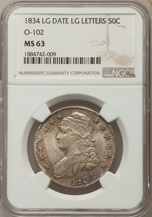 image for: 1834 50C Large Date, Large Letters, O-102, R.1, MS63 NGC....