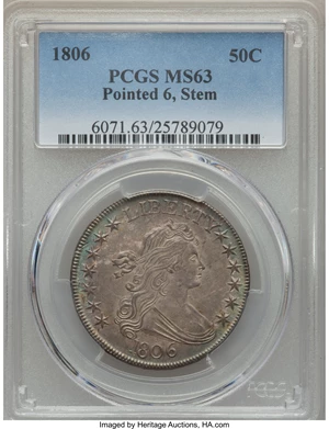 image for: 1806 50C Pointed 6, Stem, O-120, T-28, R.3, MS63 PCGS....
