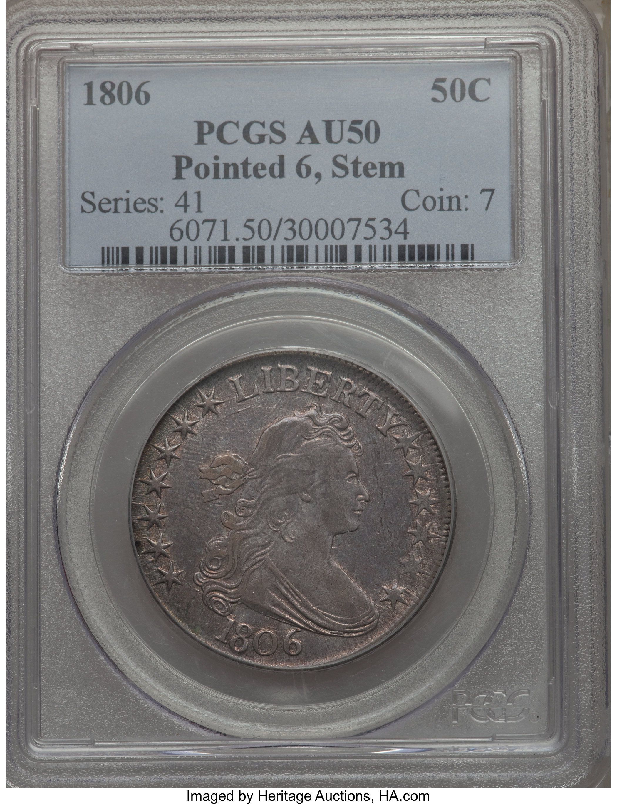 image for: 1806 50C Pointed 6, Stem, O-121, T-29, R.4, AU50 PCGS....
