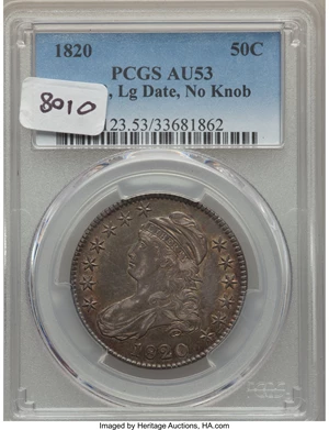 image for: 1820 50C Square Base 2, Large Date, No Knob, O-108, R.2, AU53 PCGS....