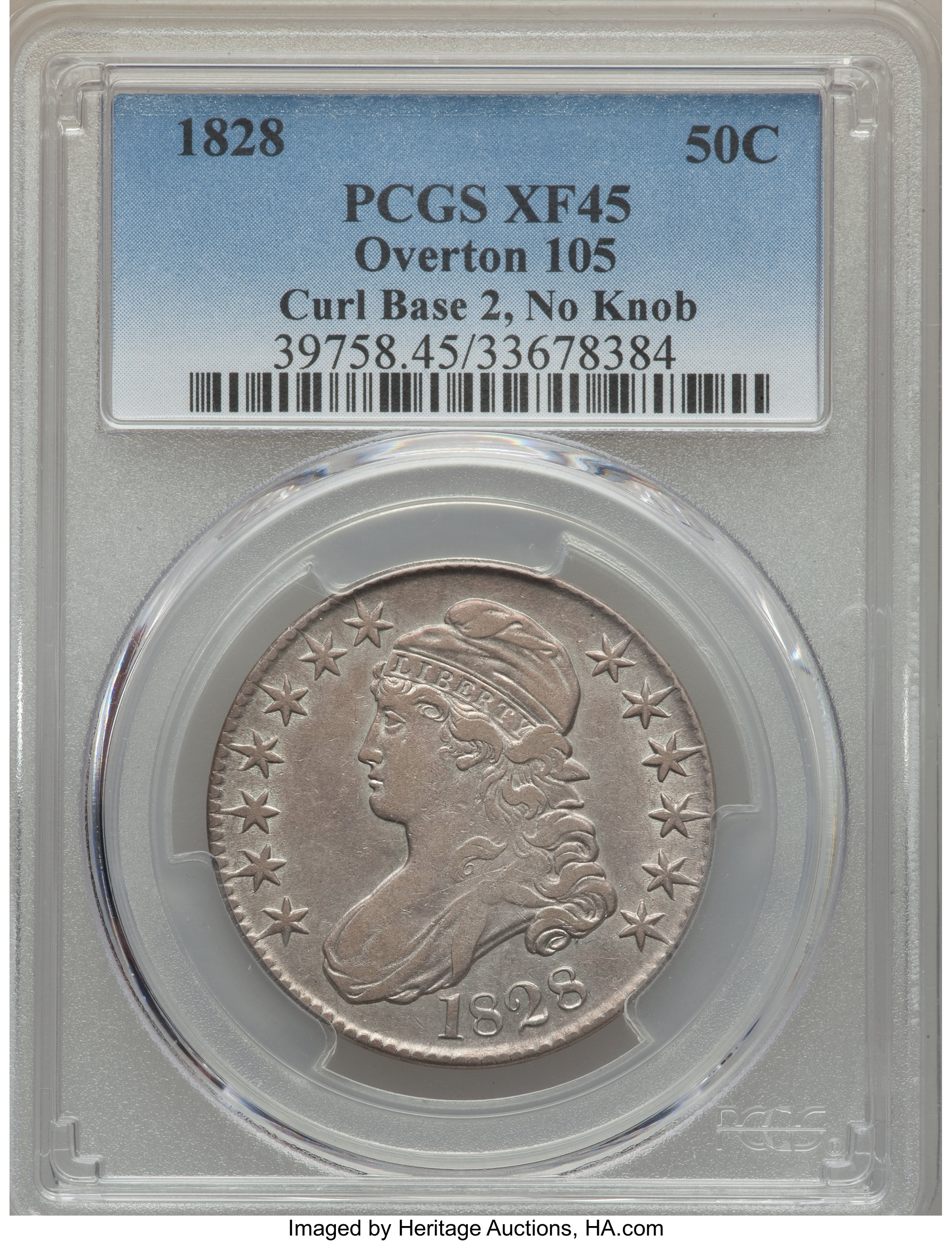 image for: 1828 50C Curl Base 2, No Knob, O-105, R.5, XF45 PCGS....