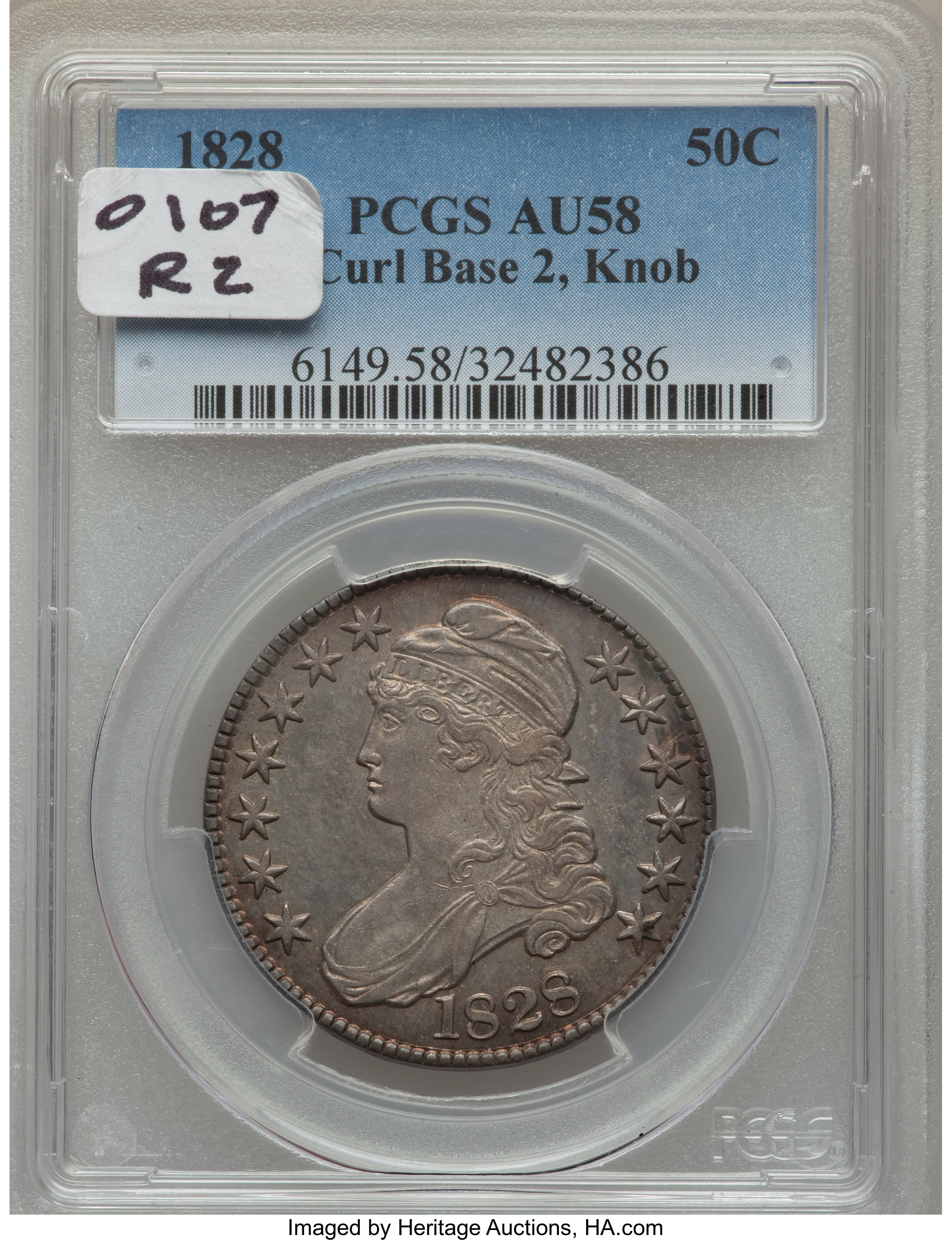 image for: 1828 50C Curl Base 2, Knob, O-107, R.2, AU58 PCGS....