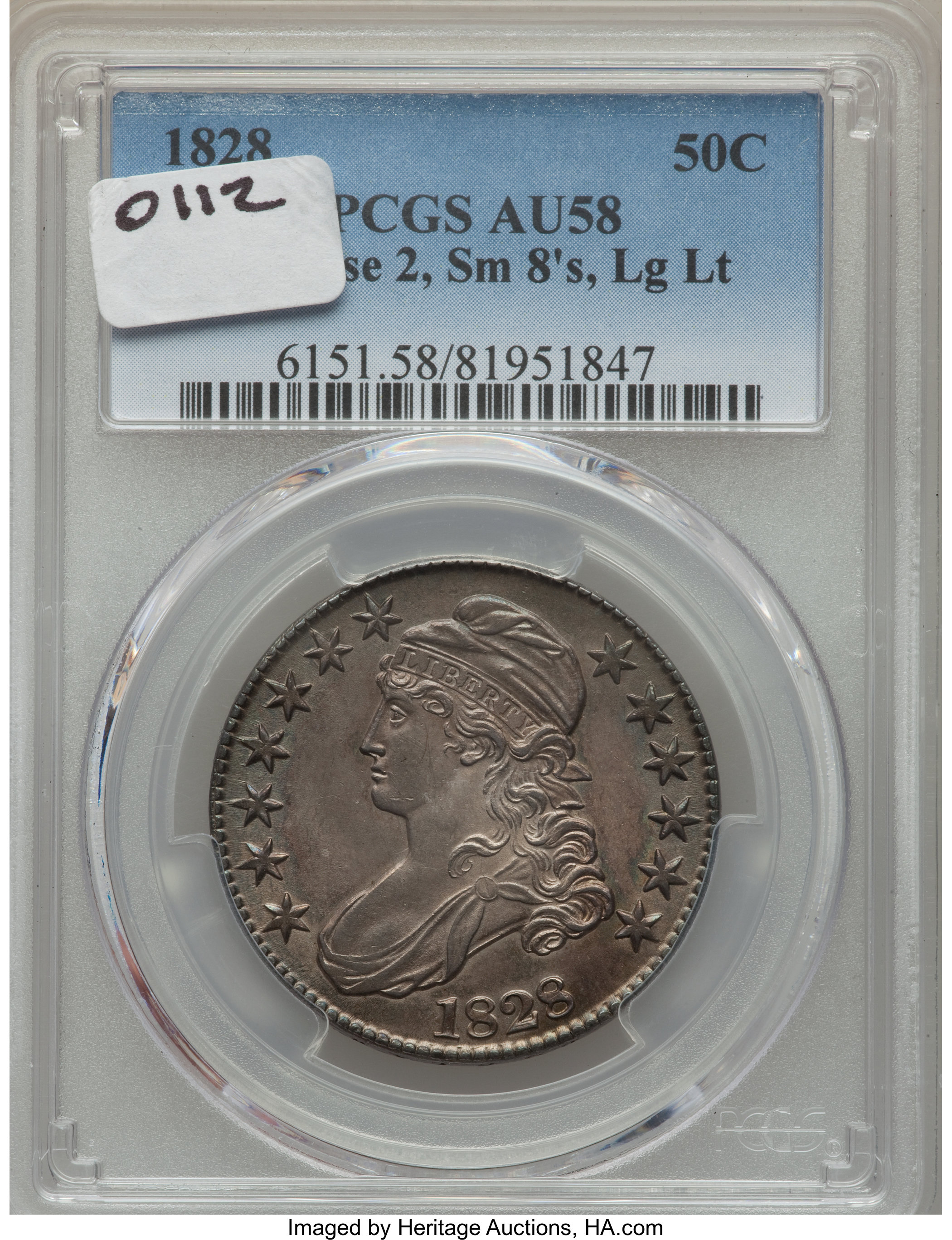 image for: 1828 50C Square Base 2, Small 8s, Large Letters, O-112, R.3, AU58 PCGS....