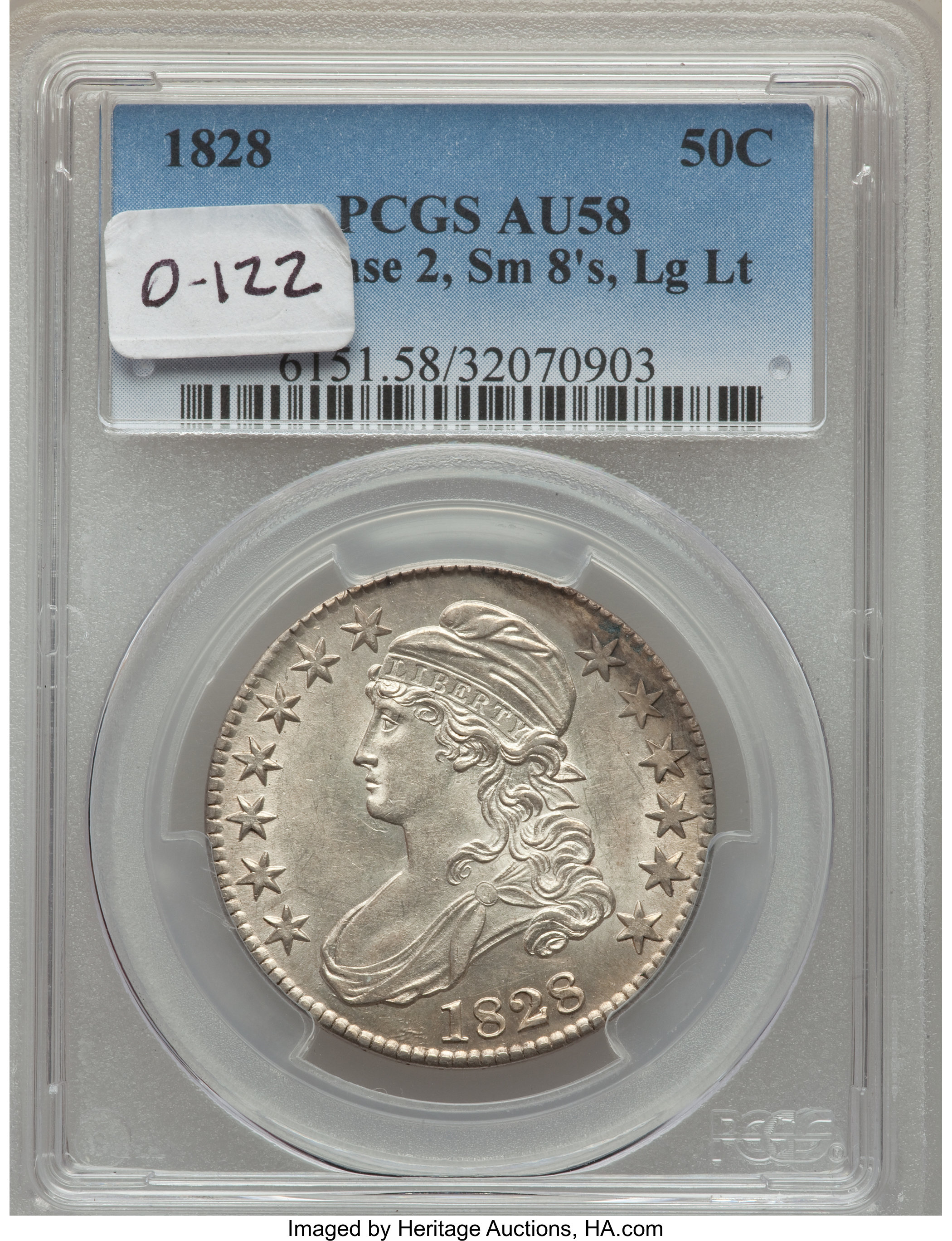 image for: 1828 50C Square Base 2, Small 8s, Large Letters, O-122, R.3, AU58 PCGS....