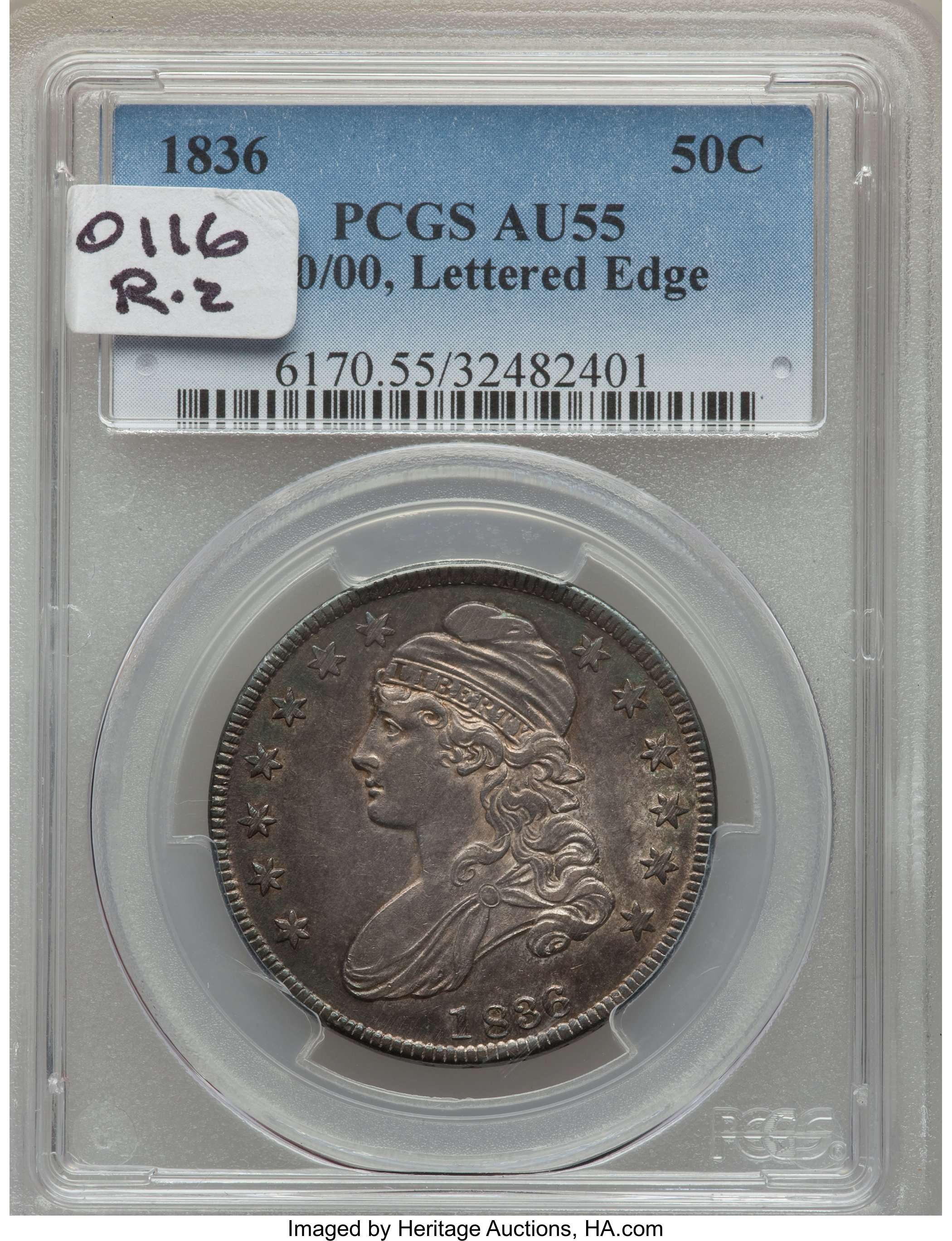 image for: 1836 50C 50/00, Lettered Edge, O-116, R.2, AU55 PCGS....
