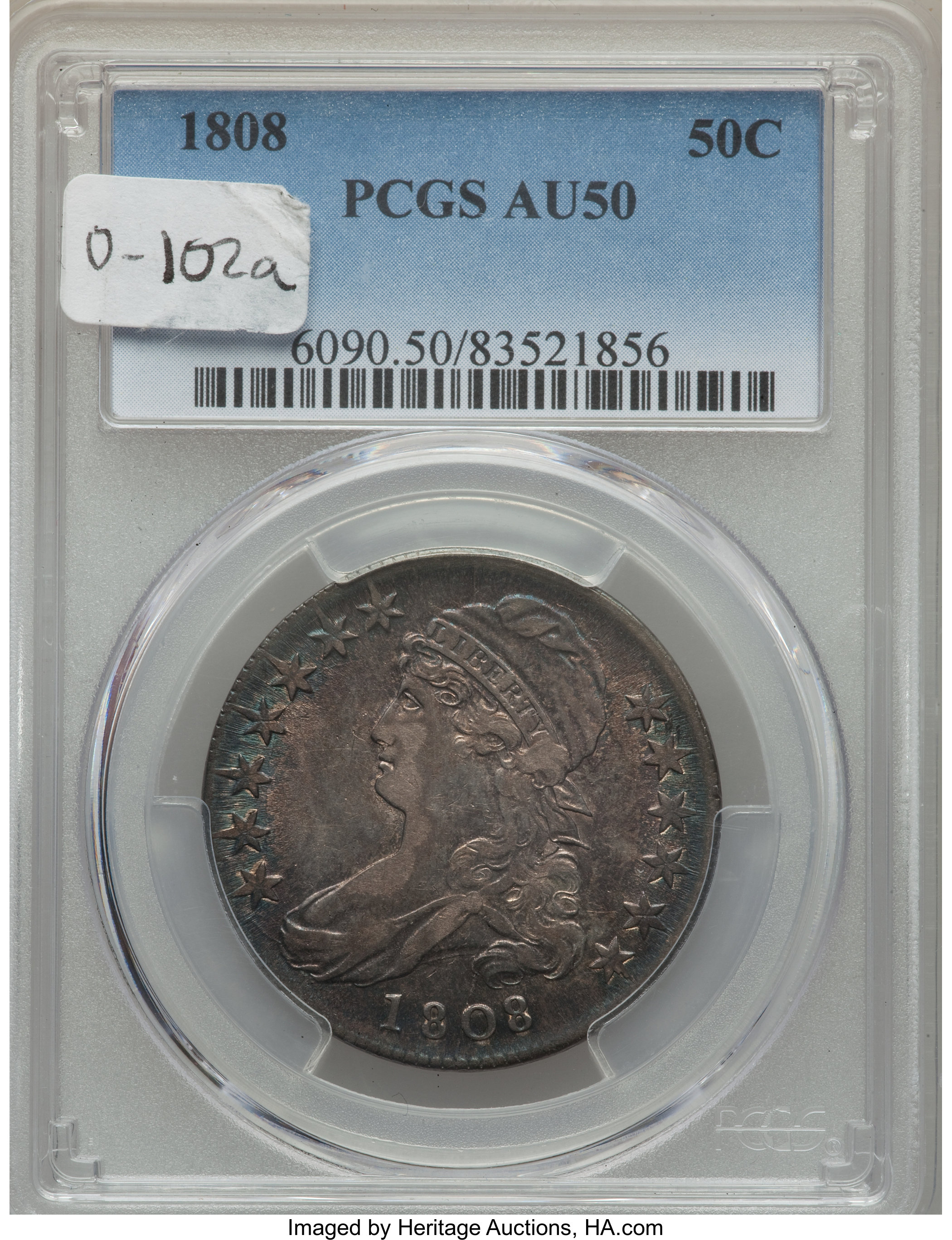 image for: 1808 50C O-102a, R.2, AU50 PCGS. PCGS Population: (1/8). NGC Census: (1/9). CDN: $300 Whsle. Bid for problem-free NGC/PCGS ...