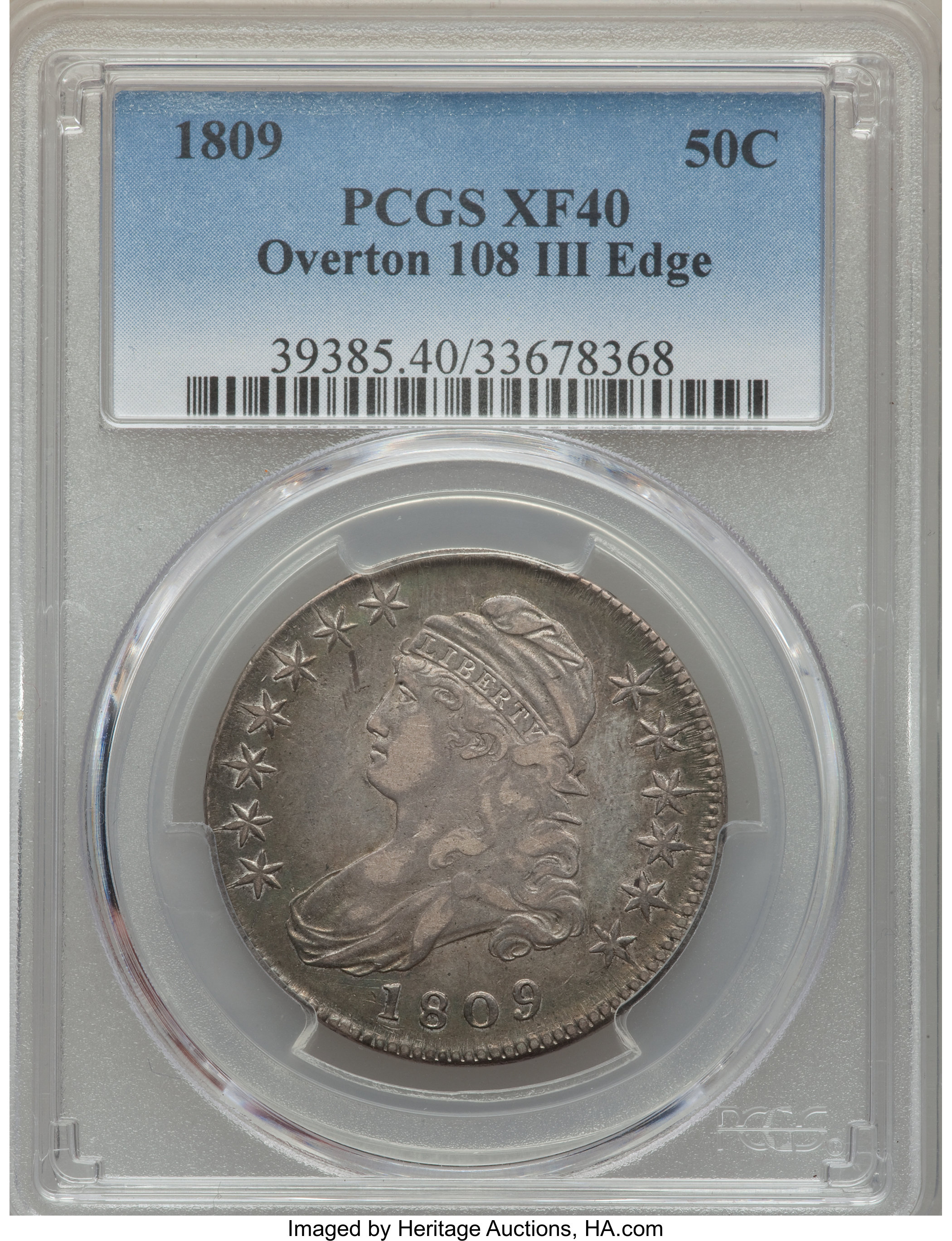 image for: 1809 50C III Edge, O-108, R.4, XF40 PCGS. PCGS Population: (1/2). NGC Census: (0/0). CDN: $130 Whsle. Bid for problem-free ...