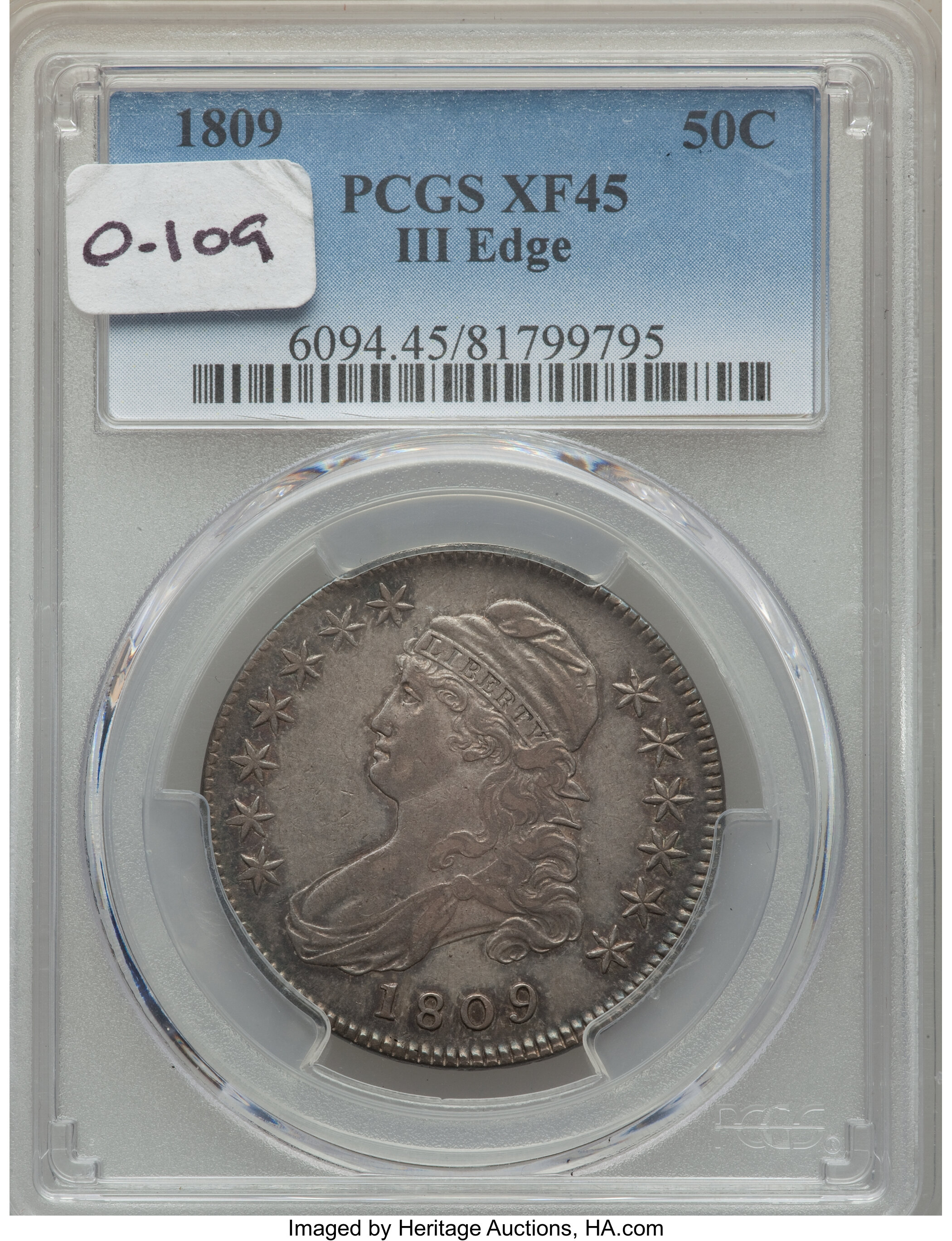 image for: 1809 50C III EDGE XF45 PCGS. O-109, R.3. PCGS Population: (1/7). NGC Census: (3/6).  Mintage 1,405,810.From The South...