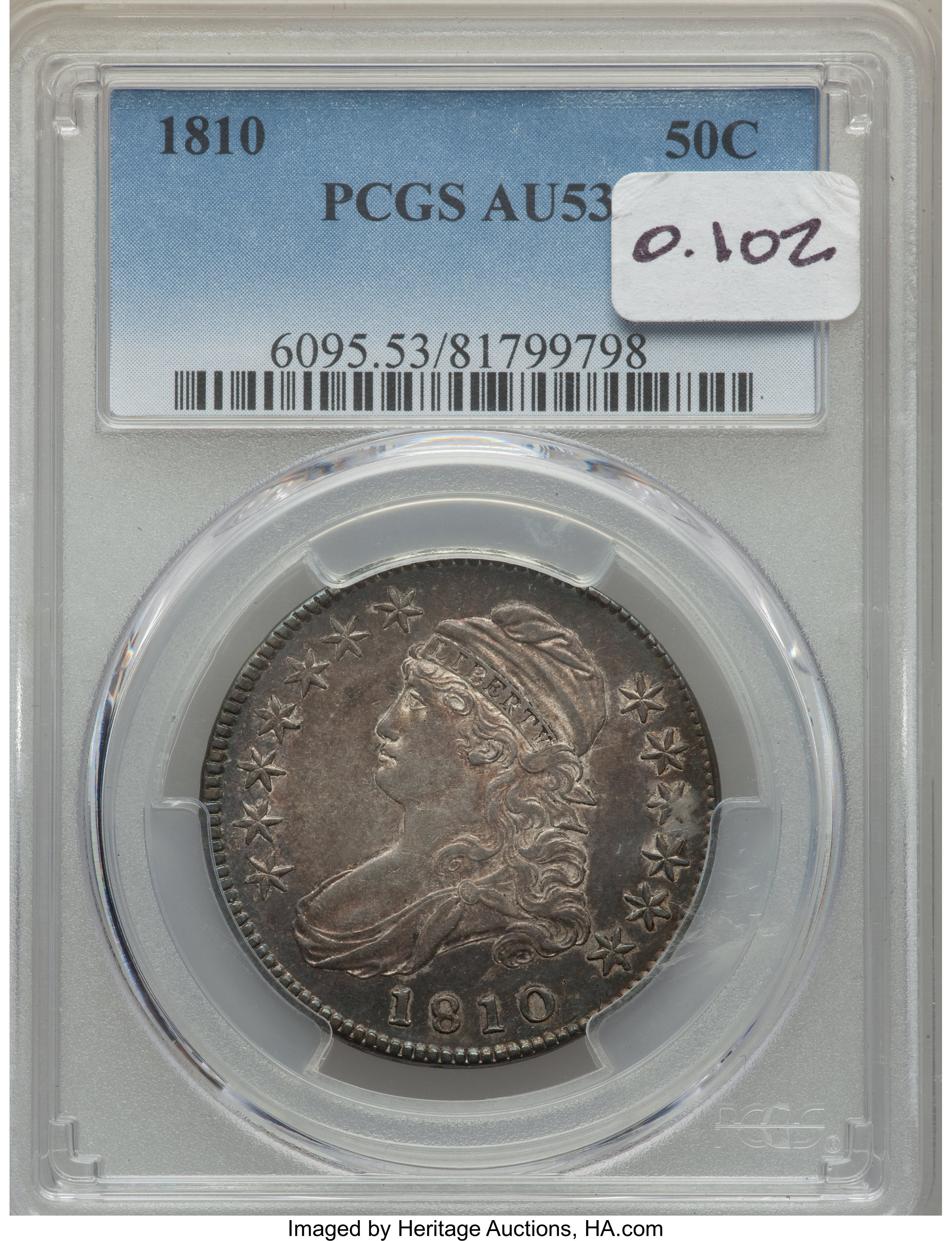 image for: 1810 50C AU53 PCGS. O-102, R.1. PCGS Population: (4/4). NGC Census: (1/1).  Mintage 1,276,276.From The Southeast Kans...