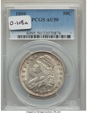 image for: 1810 50C O-108a, R.3, AU50 PCGS. PCGS Population: (1/3). NGC Census: (1/3). CDN: $300 Whsle. Bid for problem-free NGC/PCGS ...
