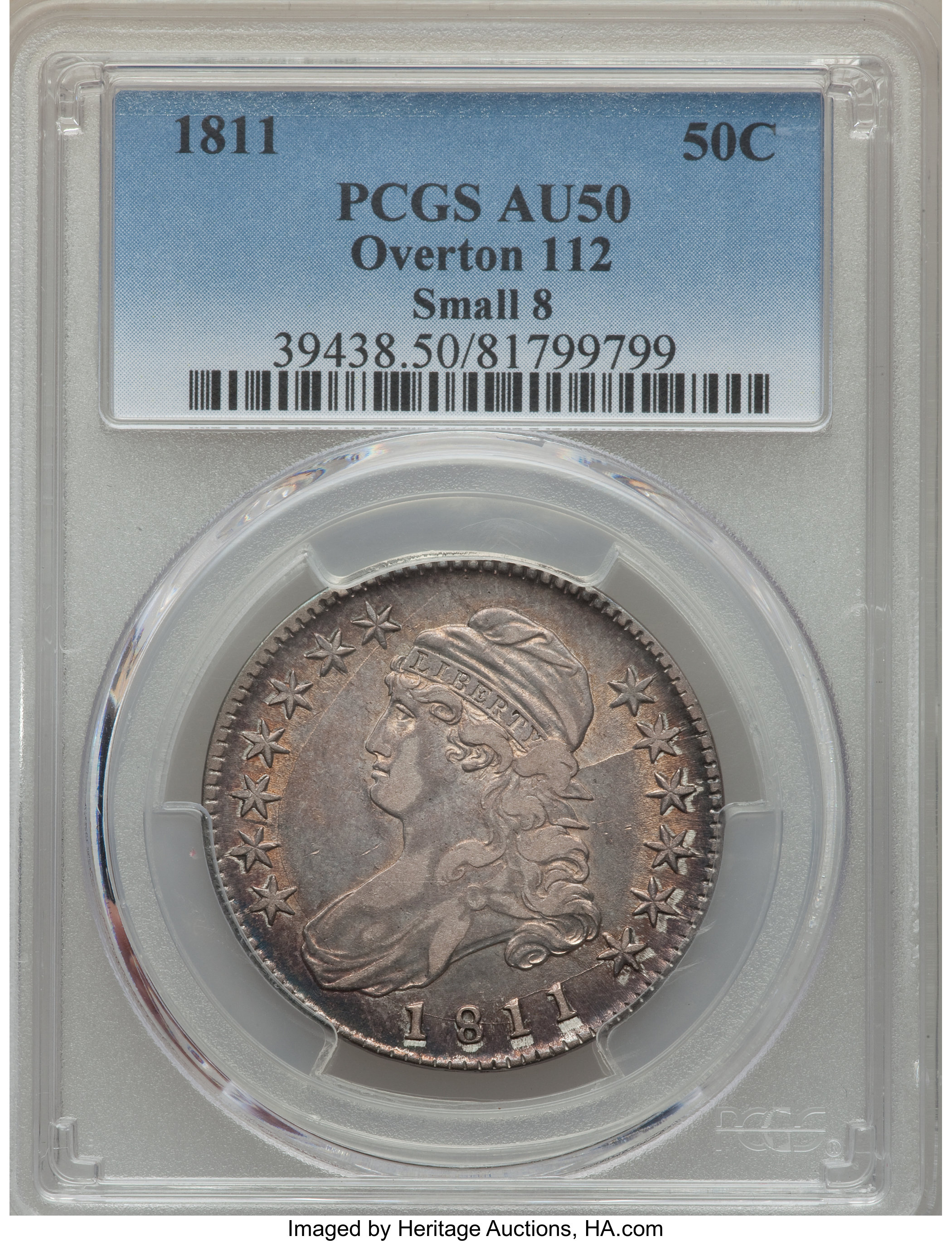 image for: 1811 50C Small 8, O-112, Low R.4, AU50 PCGS. PCGS Population: (2/4). NGC Census: (1/6). CDN: $300 Whsle. Bid for problem-fr...