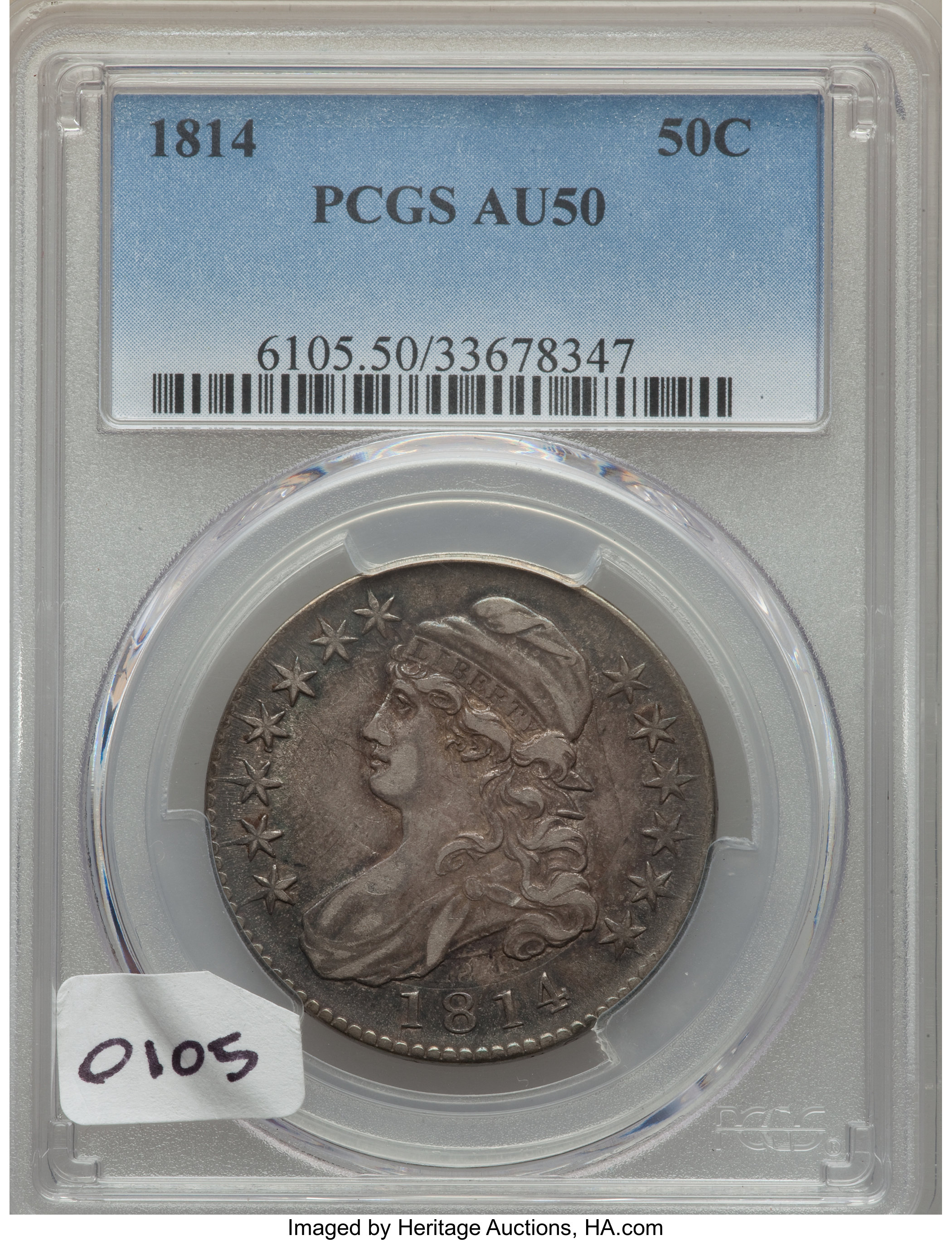 image for: 1814 50C O-105, R.2, AU50 PCGS. PCGS Population: (0/6). NGC Census: (2/6). CDN: $300 Whsle. Bid for problem-free NGC/PCGS A...
