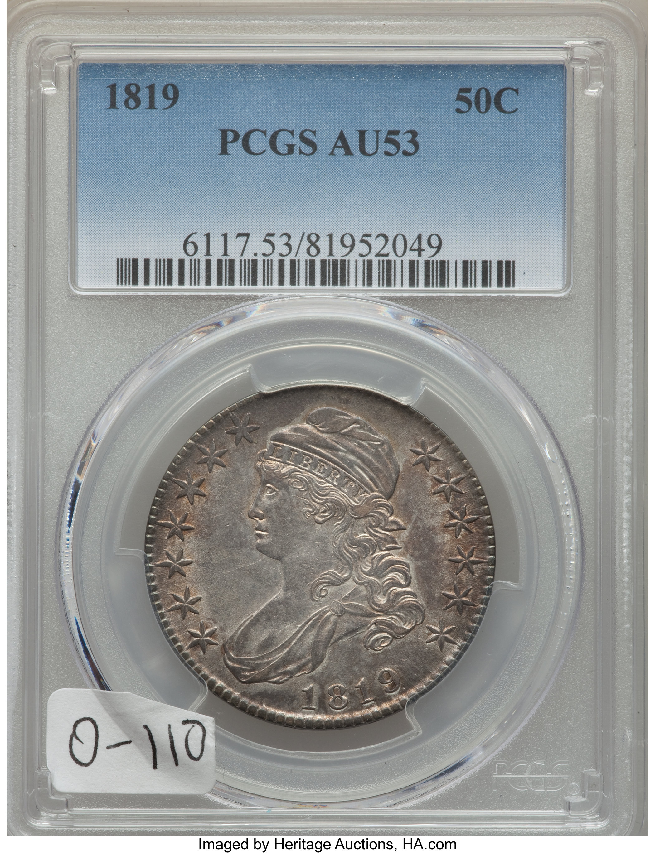 image for: 1819 50C O-110a, R.3, AU53 PCGS. PCGS Population: (1/4). NGC Census: (1/7).From The Southeast Kansas Collection...