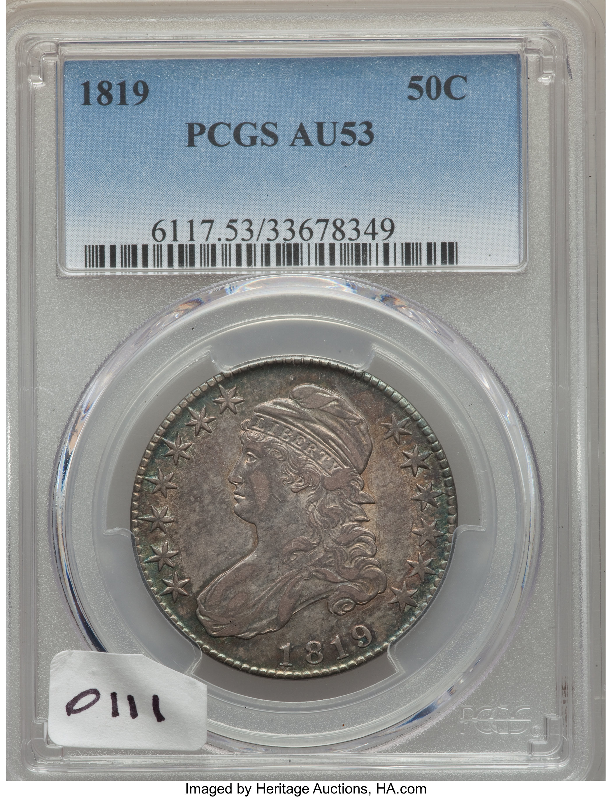 image for: 1819 50C O-111, R.2, AU53 PCGS. PCGS Population: (1/3). NGC Census: (1/8).  Mintage 2,208,000.From The Southeast Kans...