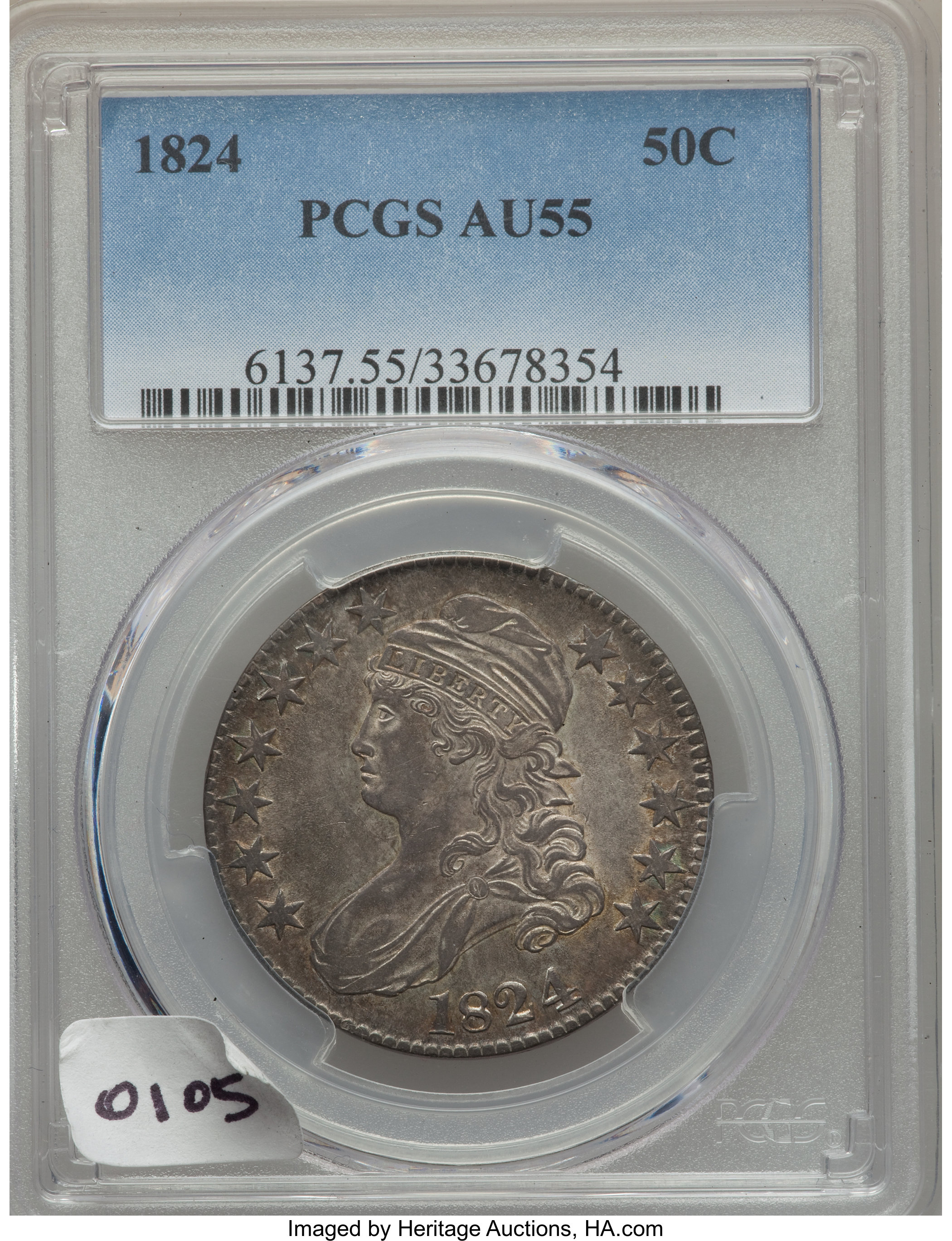image for: 1824 50C AU55 PCGS. O-105, R.2. PCGS Population: (4/4). NGC Census: (5/12).  Mintage 3,504,954.From The Southeast Kan...