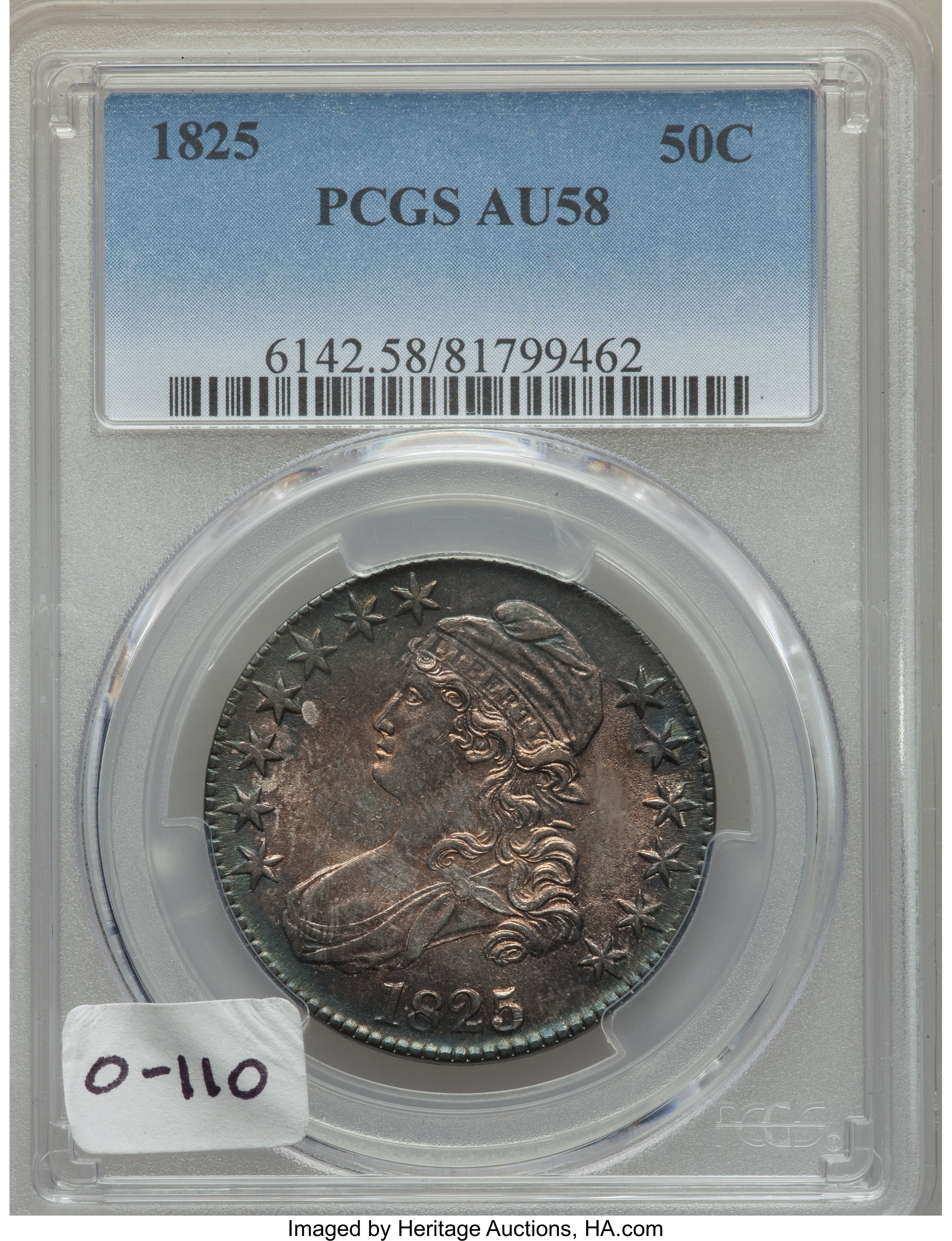 image for: 1825 50C AU58 PCGS. O-110, R.2. PCGS Population: (2/4). NGC Census: (5/3). CDN: $825 Whsle. Bid for problem-free NGC/PCGS A...