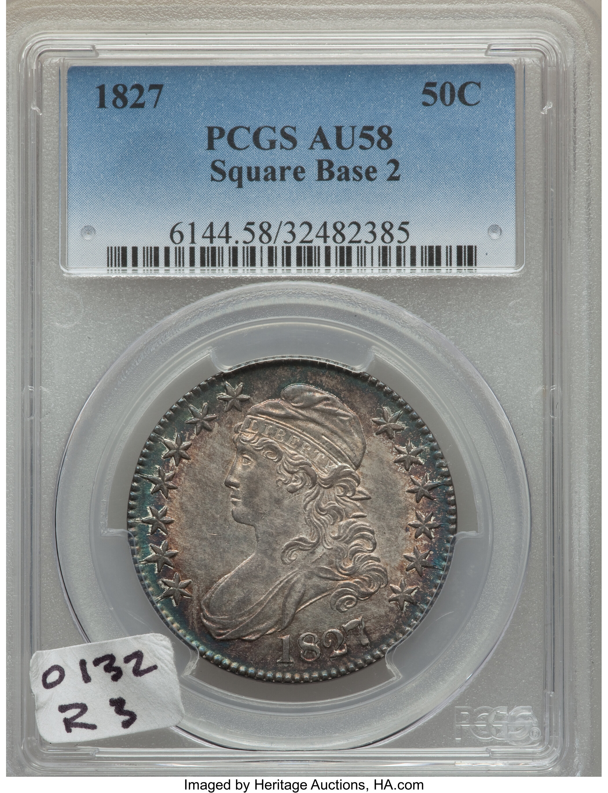 image for: 1827 50C Square Base 2, O-132, R.3, AU58 PCGS. PCGS Population: (2/2). NGC Census: (1/3). CDN: $825 Whsle. Bid for problem-...