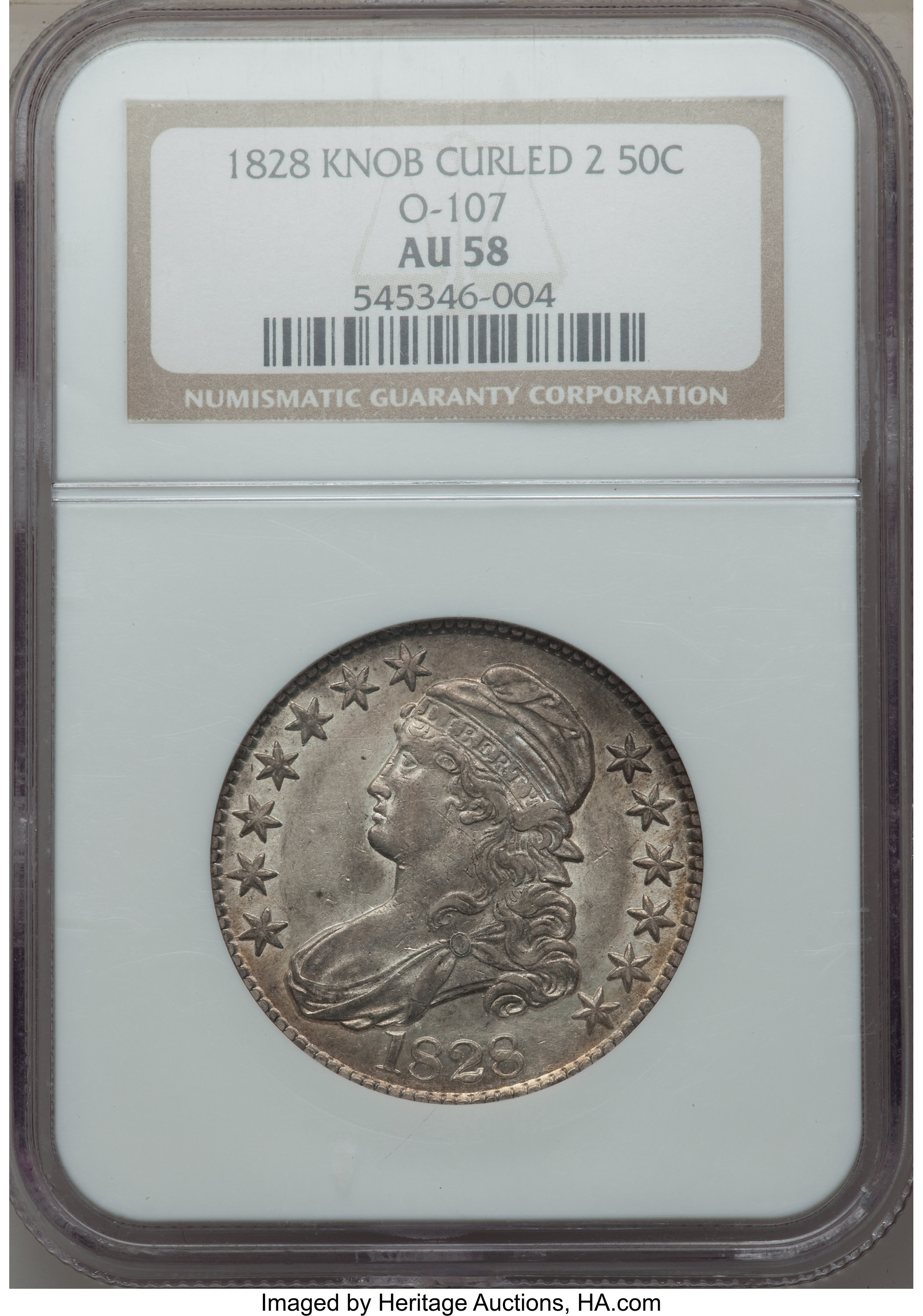 image for: 1828 50C Curl Base 2, Knob, O-107, R.2, AU58 NGC. NGC Census: (3/6). PCGS Population: (2/5). CDN: $825 Whsle. Bid for probl...