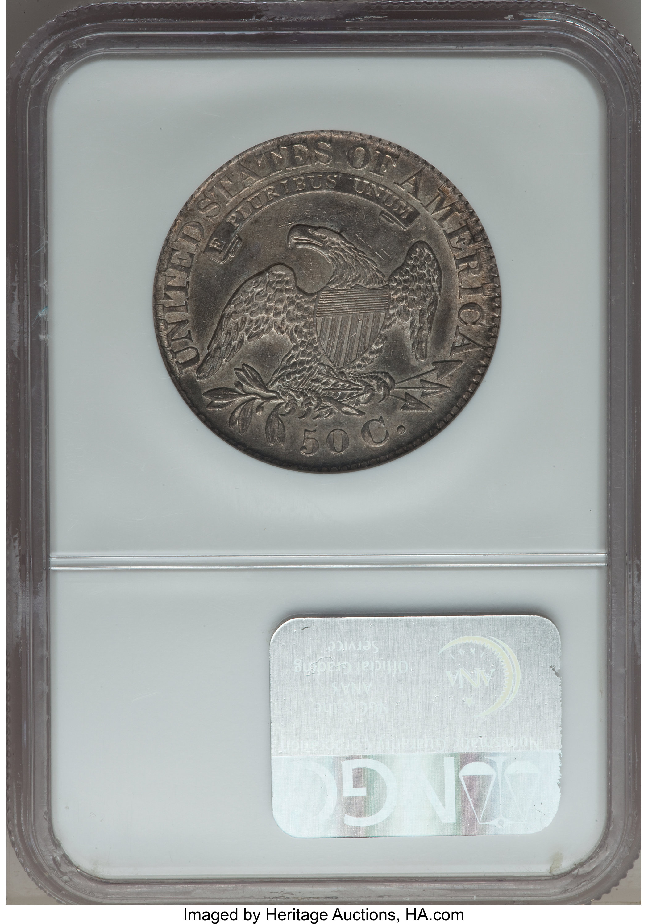 image for: 1828 50C Curl Base 2, Knob, O-107, R.2, AU58 NGC. NGC Census: (3/6). PCGS Population: (2/5). CDN: $825 Whsle. Bid for probl...