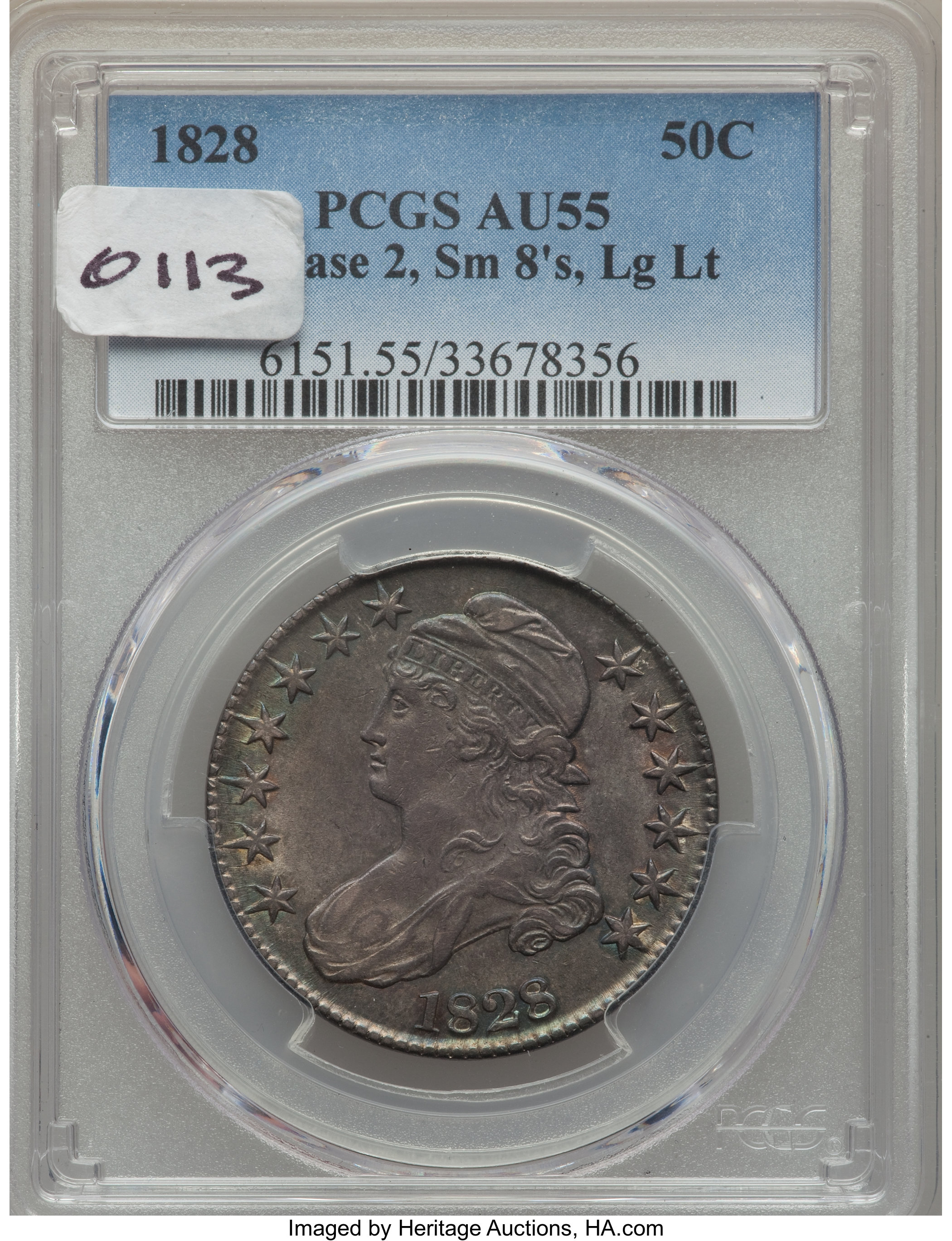 image for: 1828 50C Square Base 2, Small 8s, Large Letters, O-113, R.3, AU55 PCGS. PCGS Population: (4/1). NGC Census: (1/10).Fr...