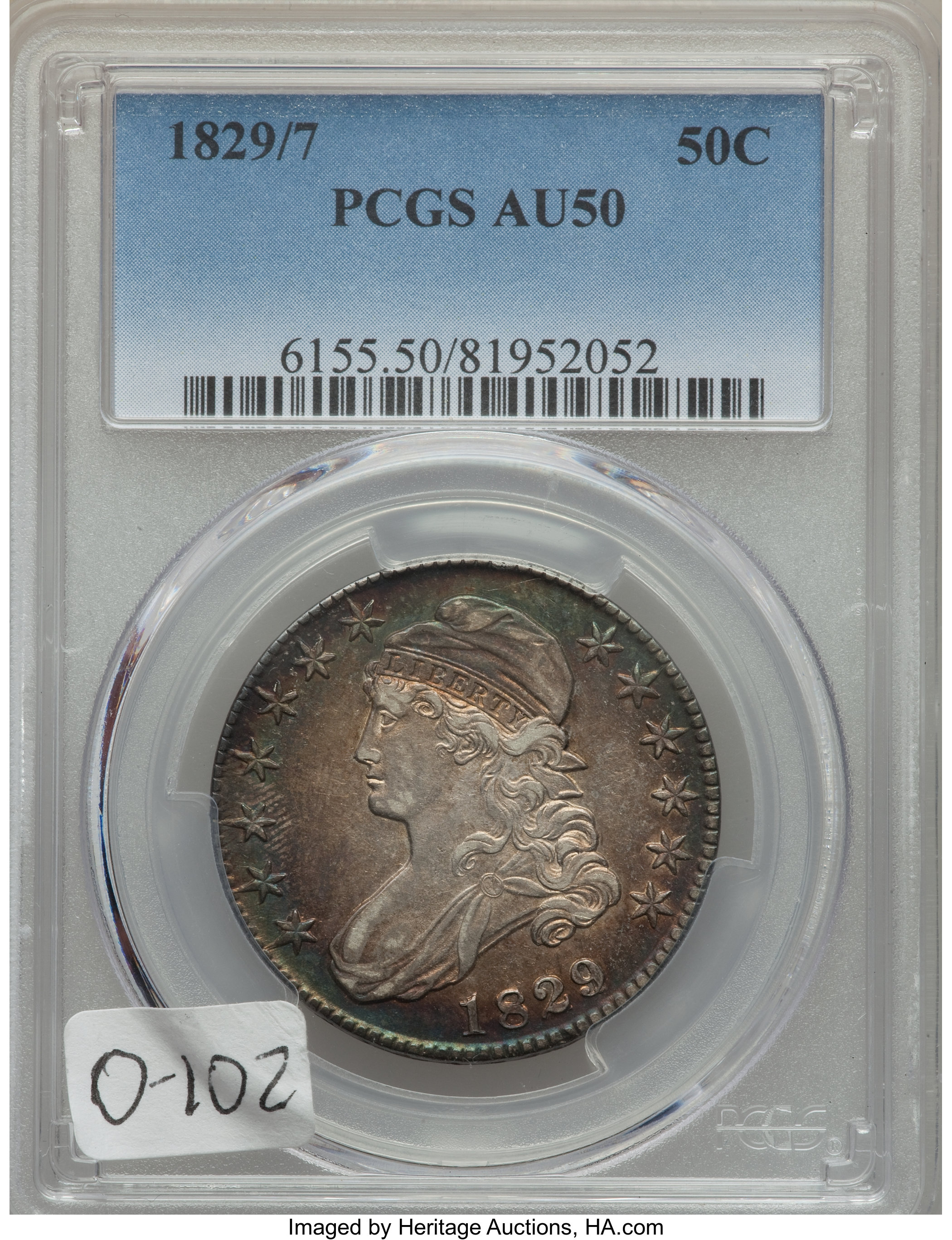 image for: 1829/7 50C O-102, R.2, AU50 PCGS. PCGS Population: (2/13). NGC Census: (1/24). CDN: $300 Whsle. Bid for problem-free NGC/PC...