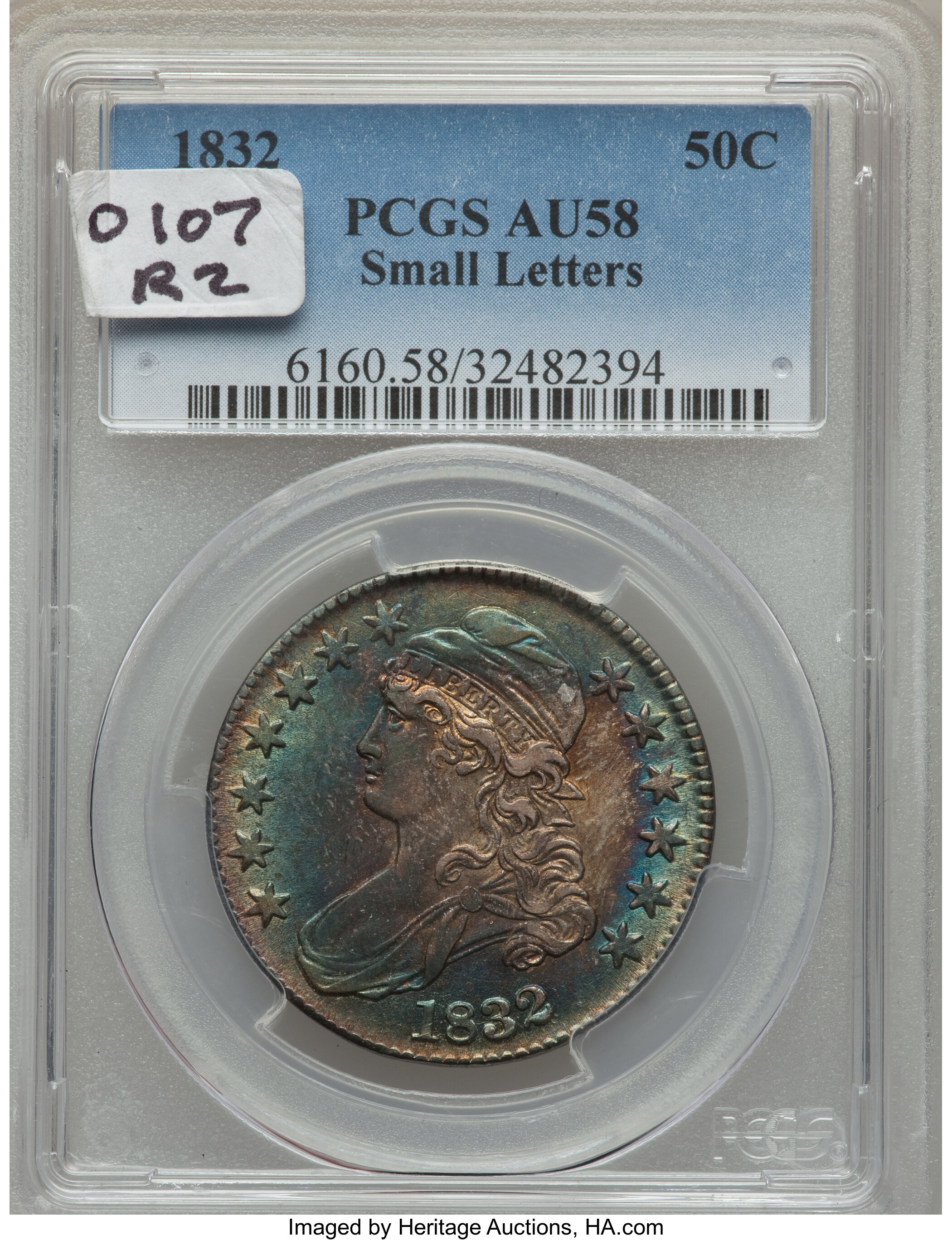 image for: 1832 50C Small Letters, O-107, R.2, AU58 PCGS. PCGS Population: (0/2). NGC Census: (3/4). CDN: $825 Whsle. Bid for problem-...